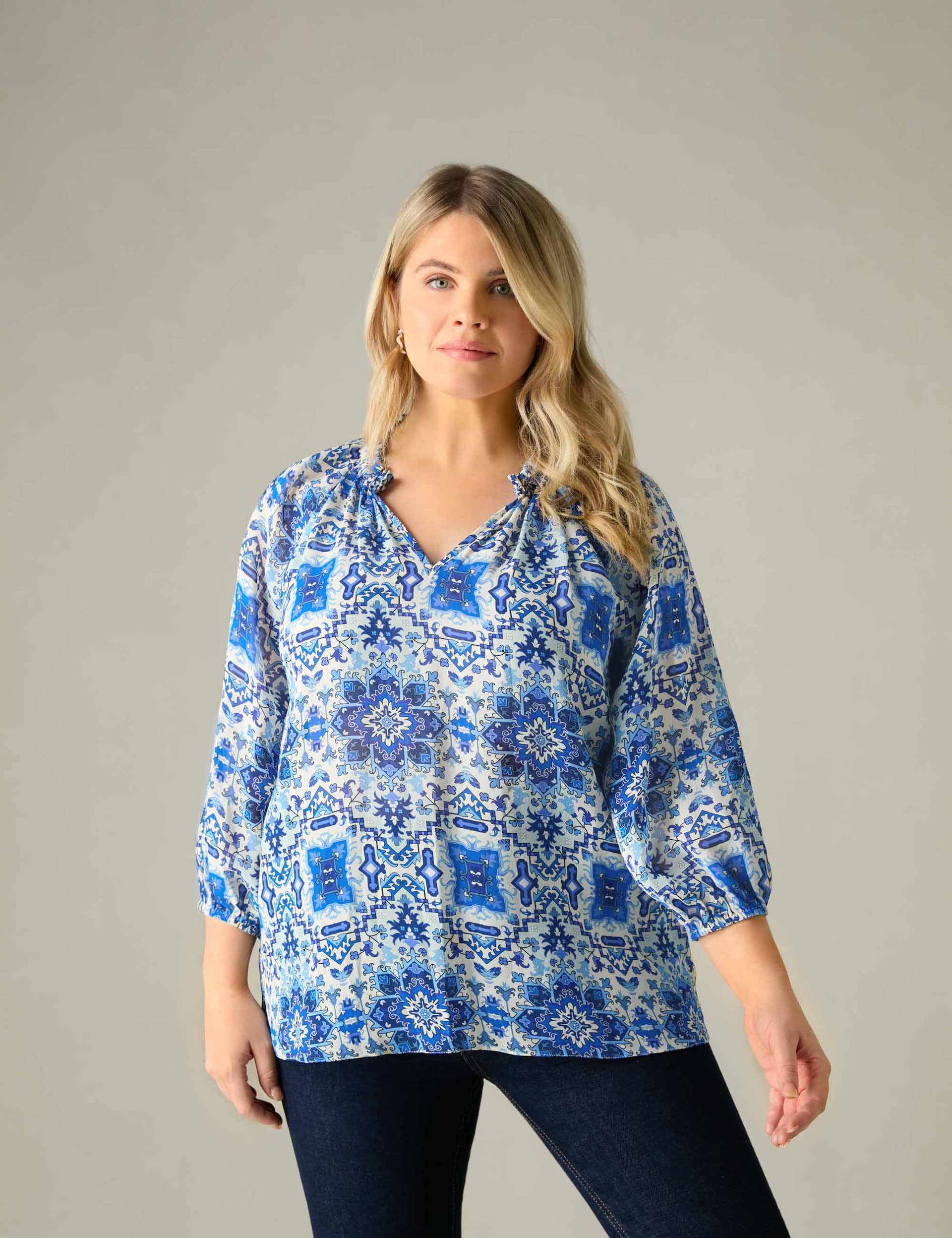 Live Unlimited London Women's Tile Print V-Neck Blouse - 14 - Blue Mix, Blue Mix