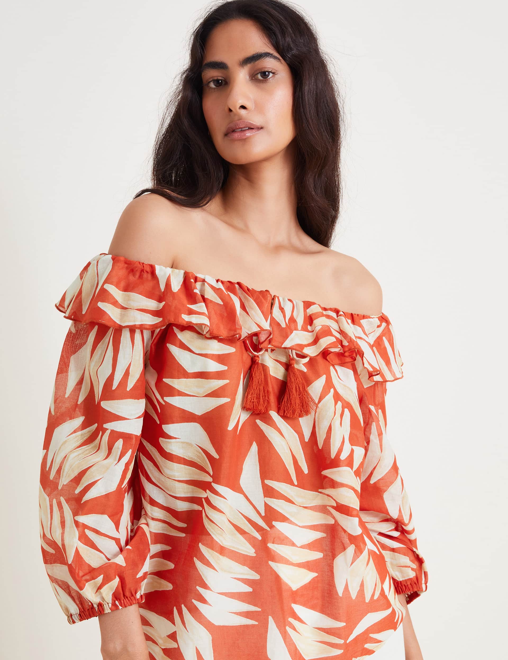 Monsoon Women's Pure Cotton Printed Tassel Bardot Top