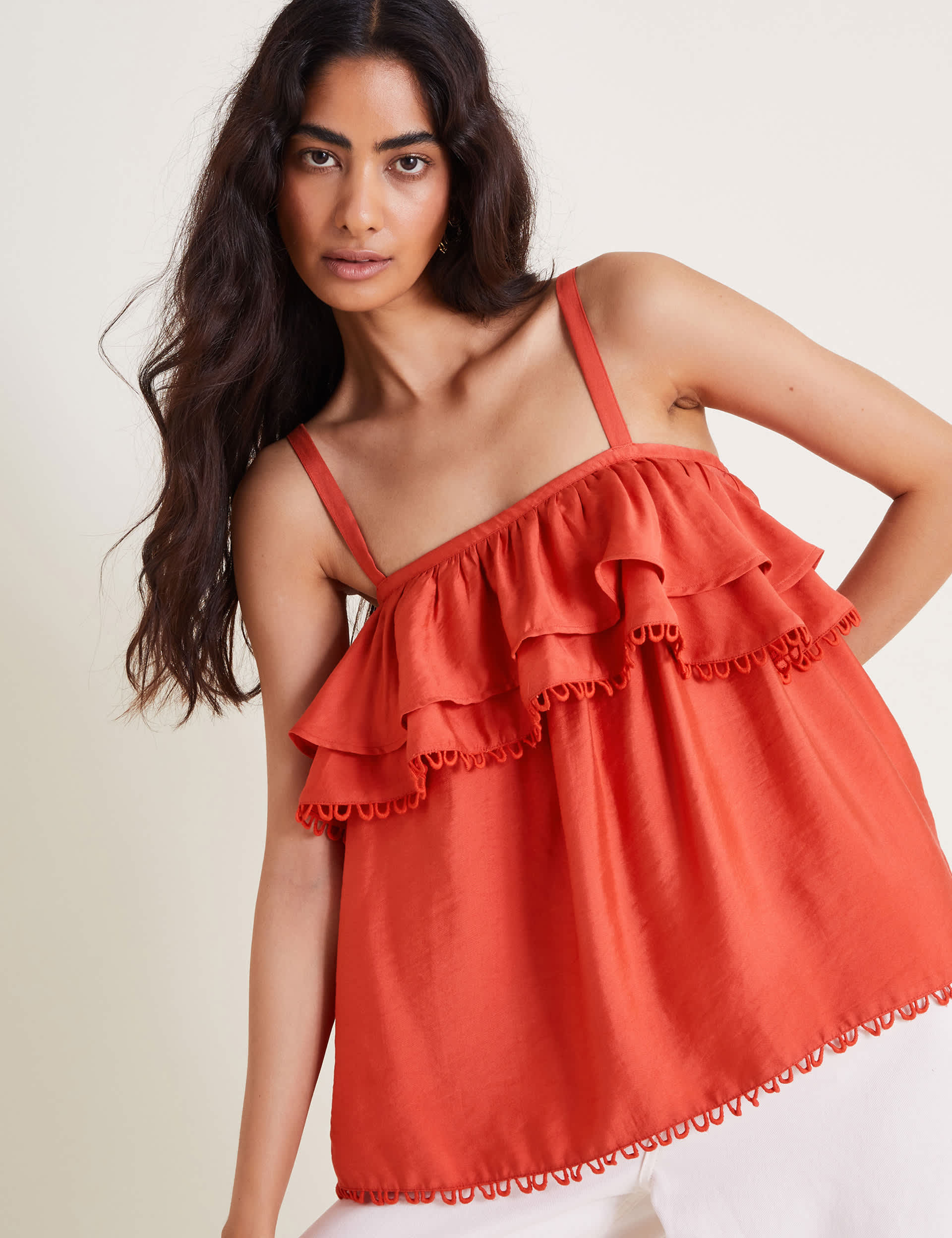 Monsoon Women's Square Neck Frill Detail Cami Top - Orange, White,Orange