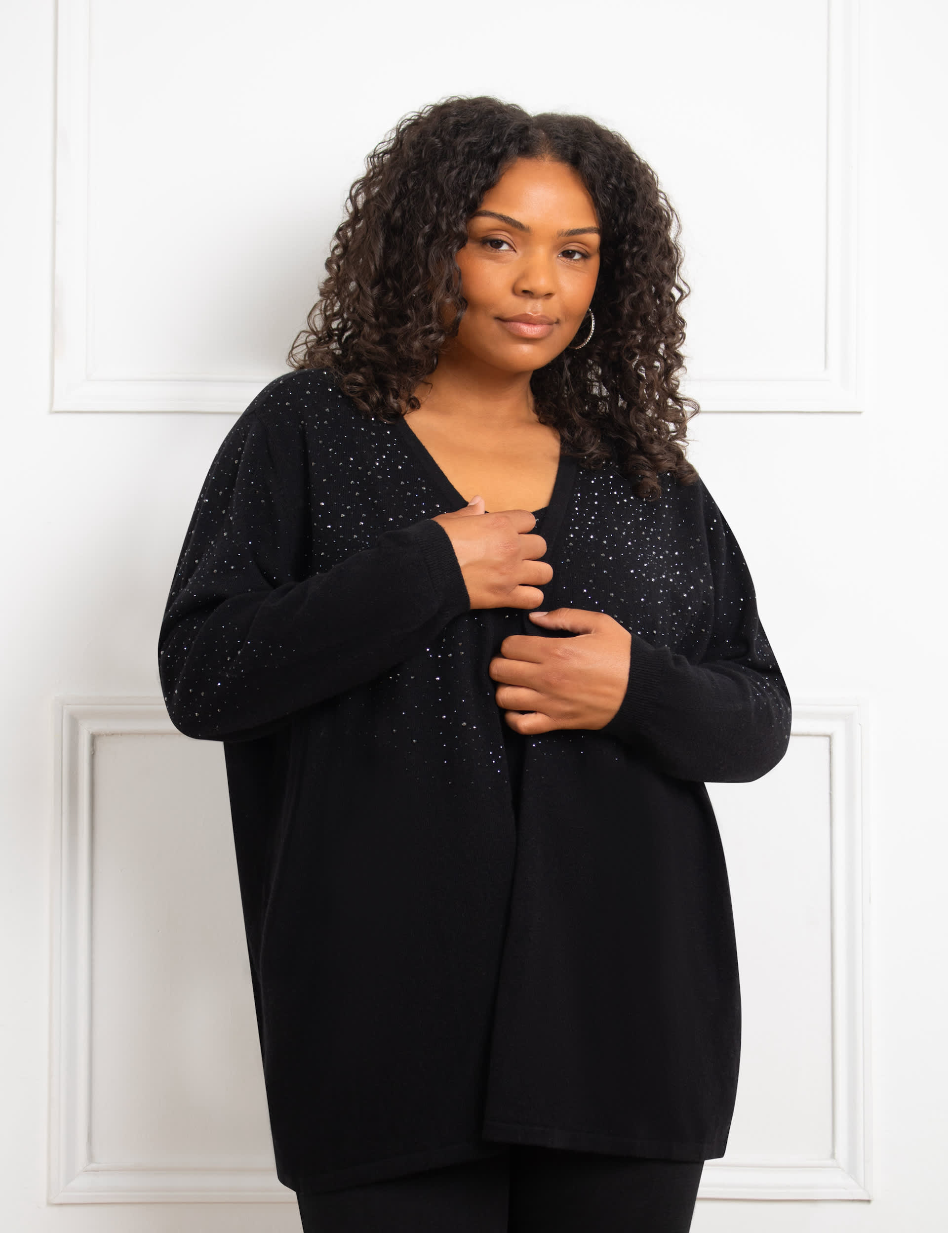 Live Unlimited London Women's Cotton Blend Embellished Cardigan - 20 - Black, Black