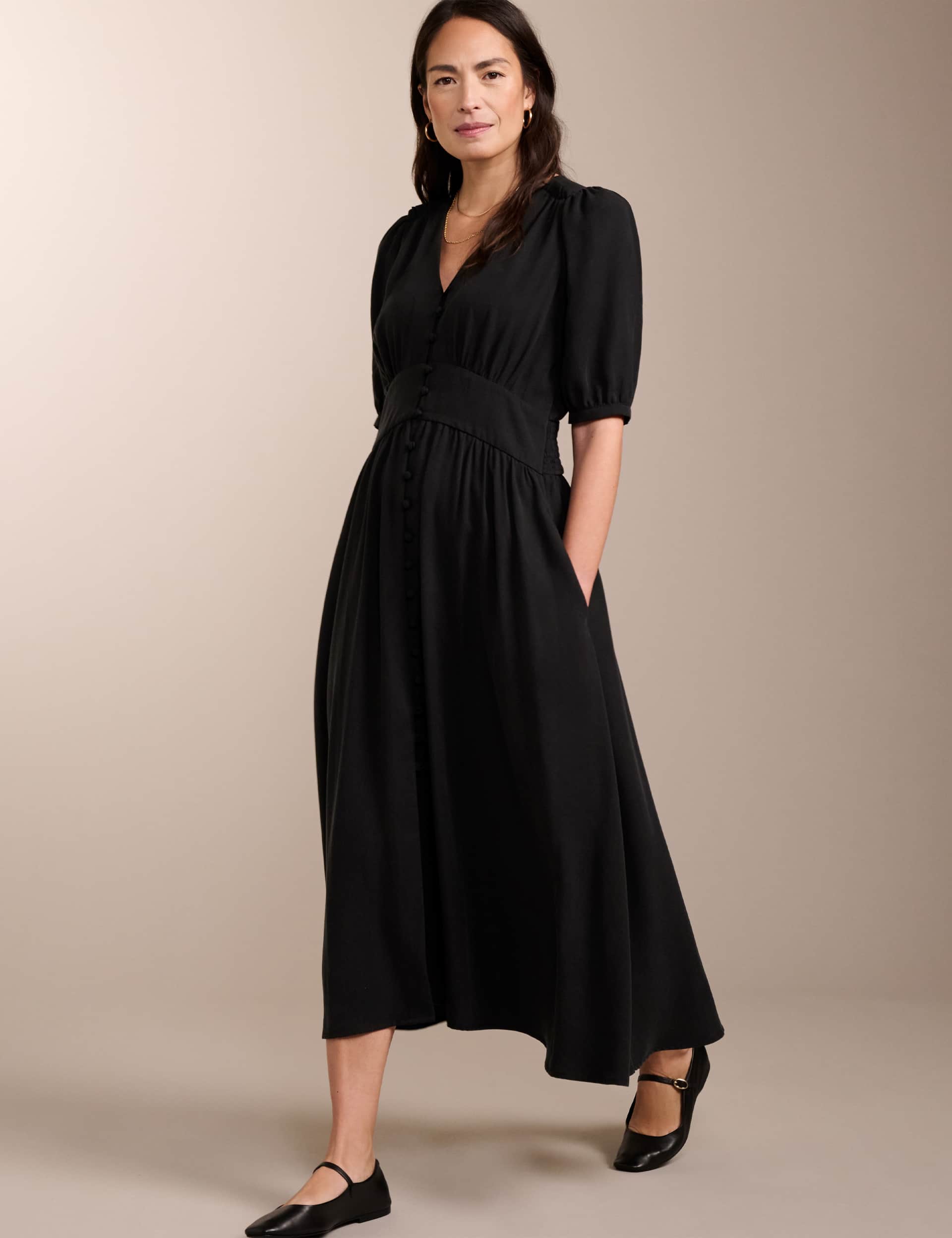 Baukjen Women's Pure Lyocell  V-Neck Maxi Waisted Dress