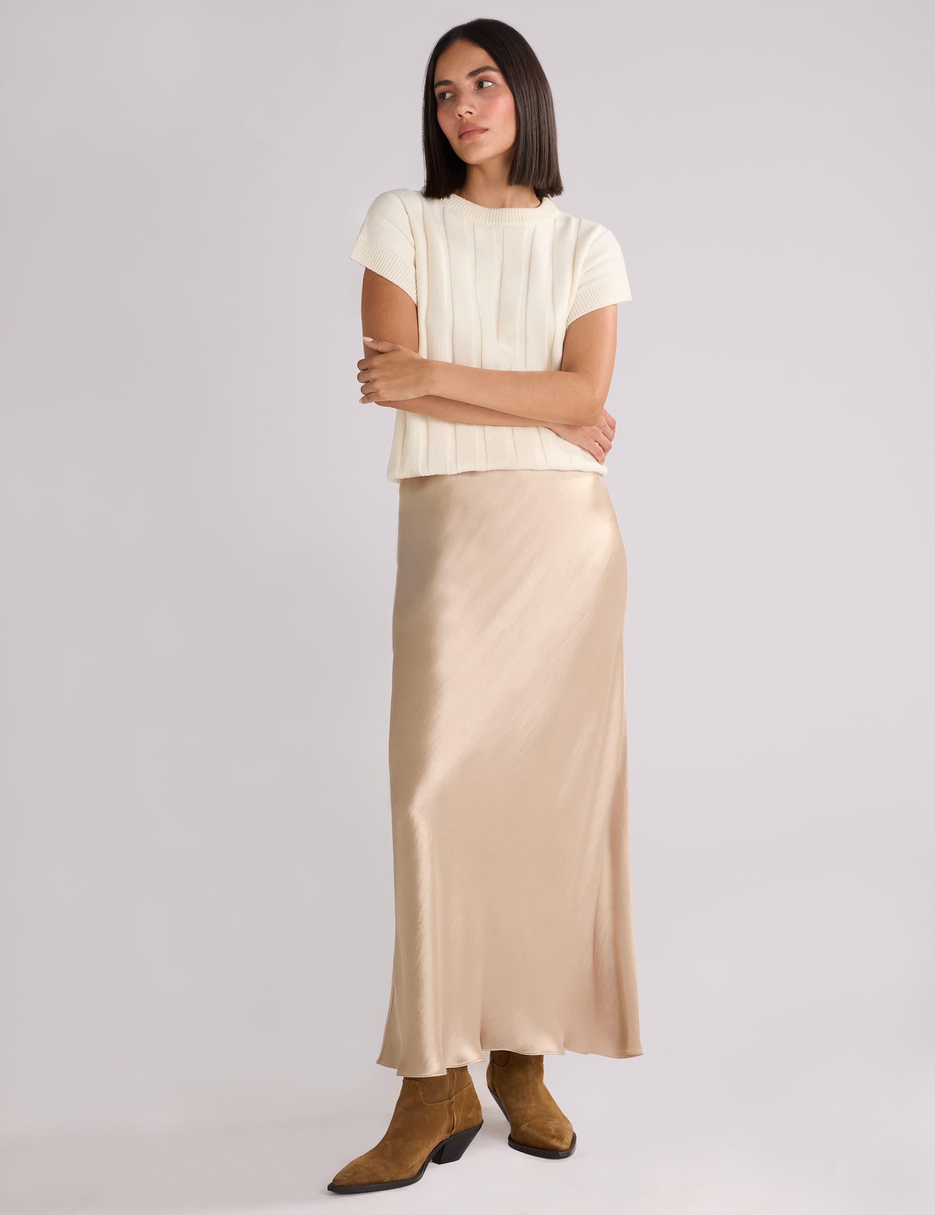 Ro&Zo Women's Satin Metallic Maxi Slip Skirt - 14REG - Gold, Gold