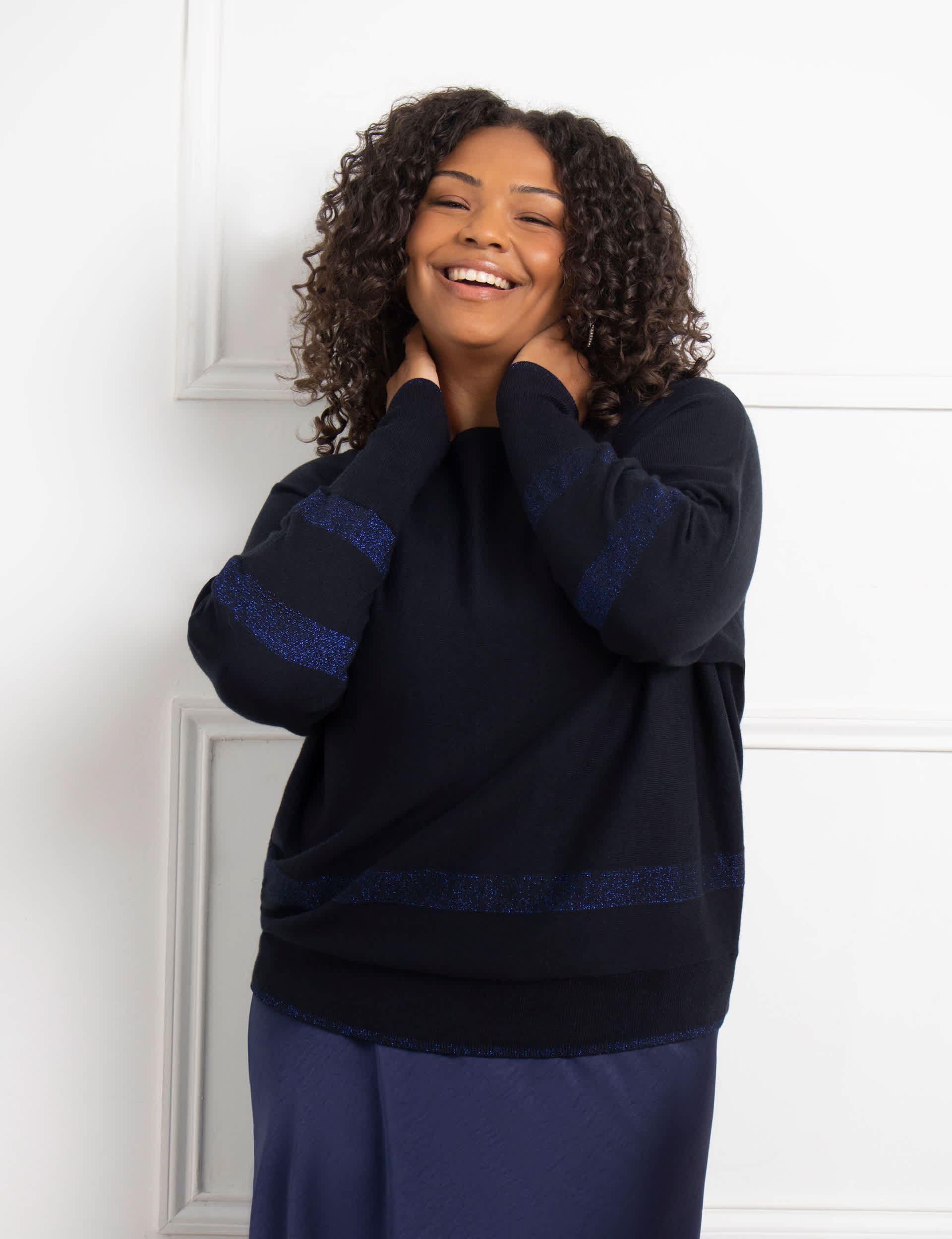 Live Unlimited London Women's Cotton Blend Striped Slash Neck Jumper - 16 - Navy, Navy