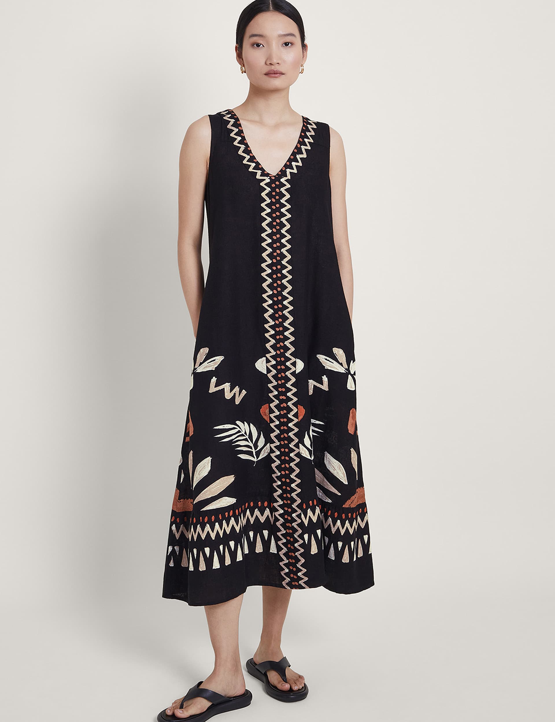 Monsoon Women's Linen Blend Printed Midaxi Shift Dress - Black Mix, Black Mix