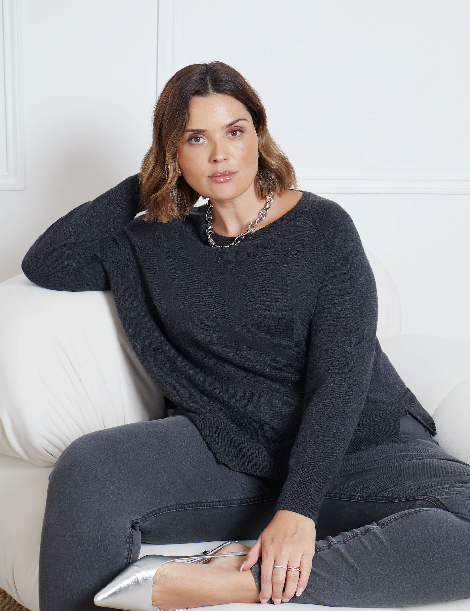 Live Unlimited London Women's Scoop Neck Jumper with Cashmere - 20 - Charcoal, Navy,Charcoal