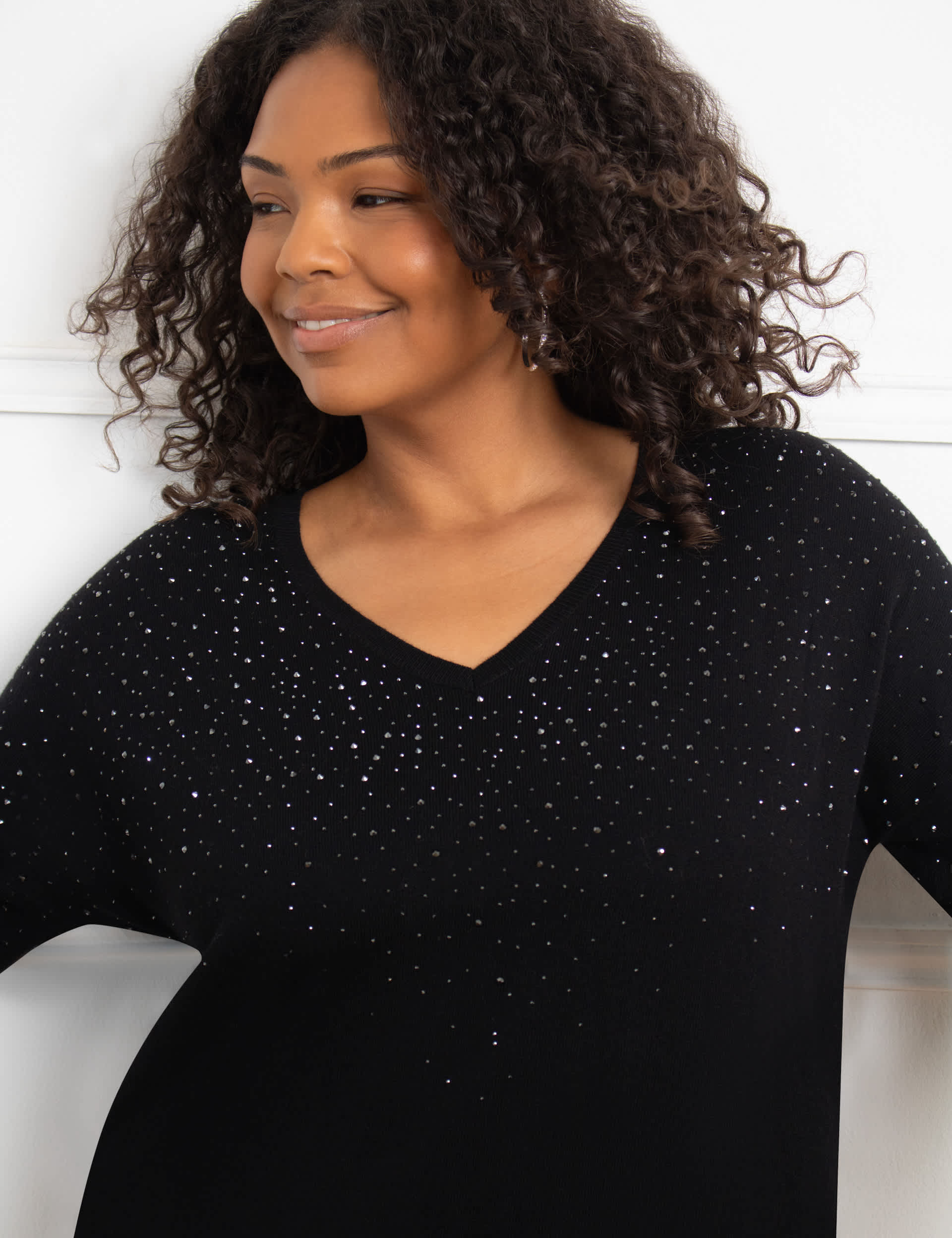 Live Unlimited London Women's Embellished V-Neck Jumper with Cashmere - 22 - Black, Black,Navy