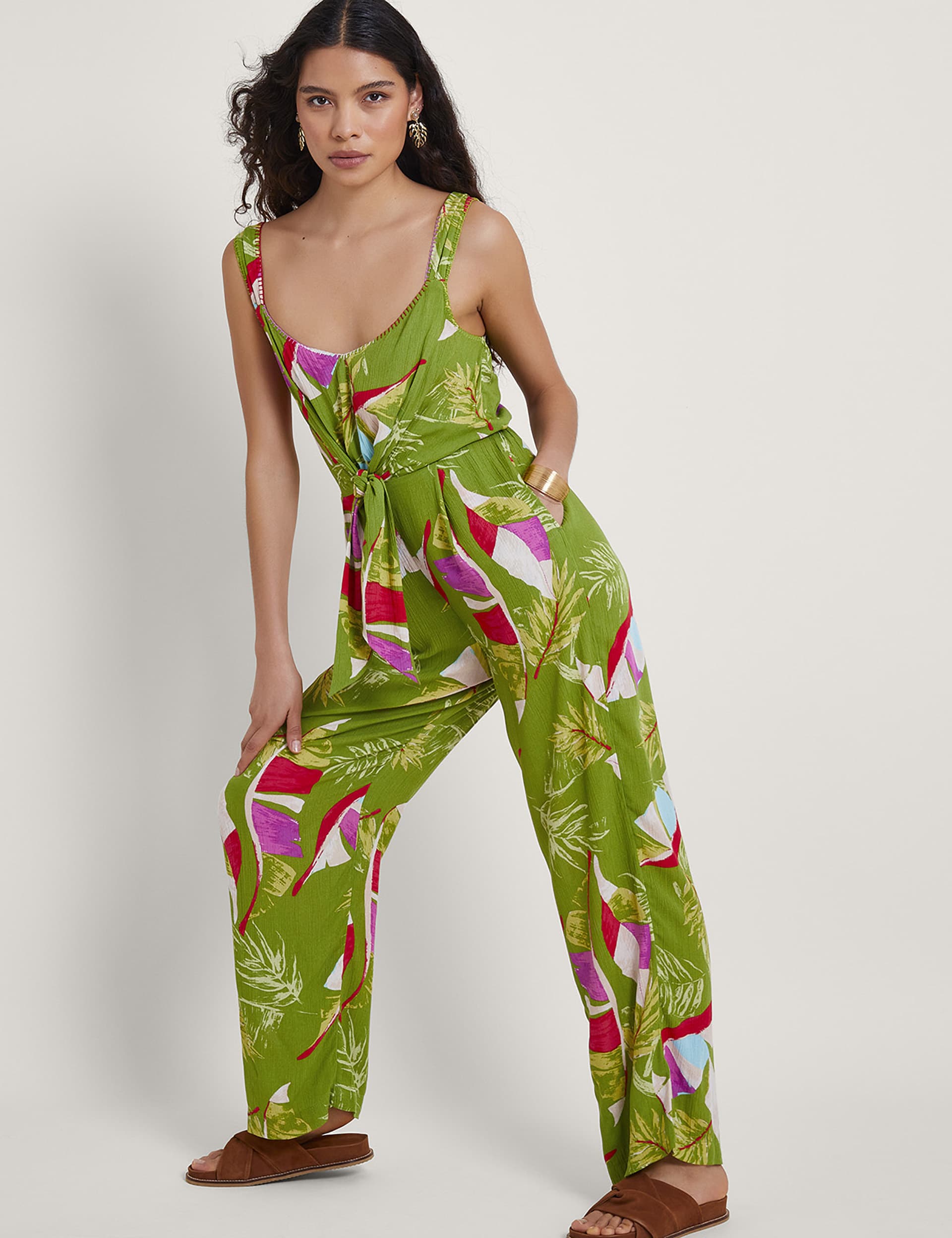 Monsoon Women's Printed Tie Detail Sleeveless Jumpsuit - Green Mix, Green Mix