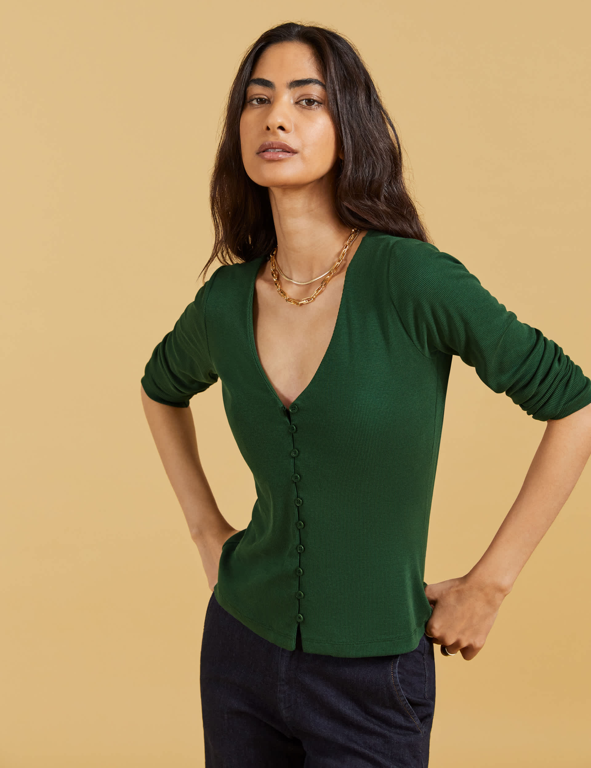 Baukjen Women's Lyocell Rich V-Neck Button Through Top - 18 - Dark Green, Dark Green