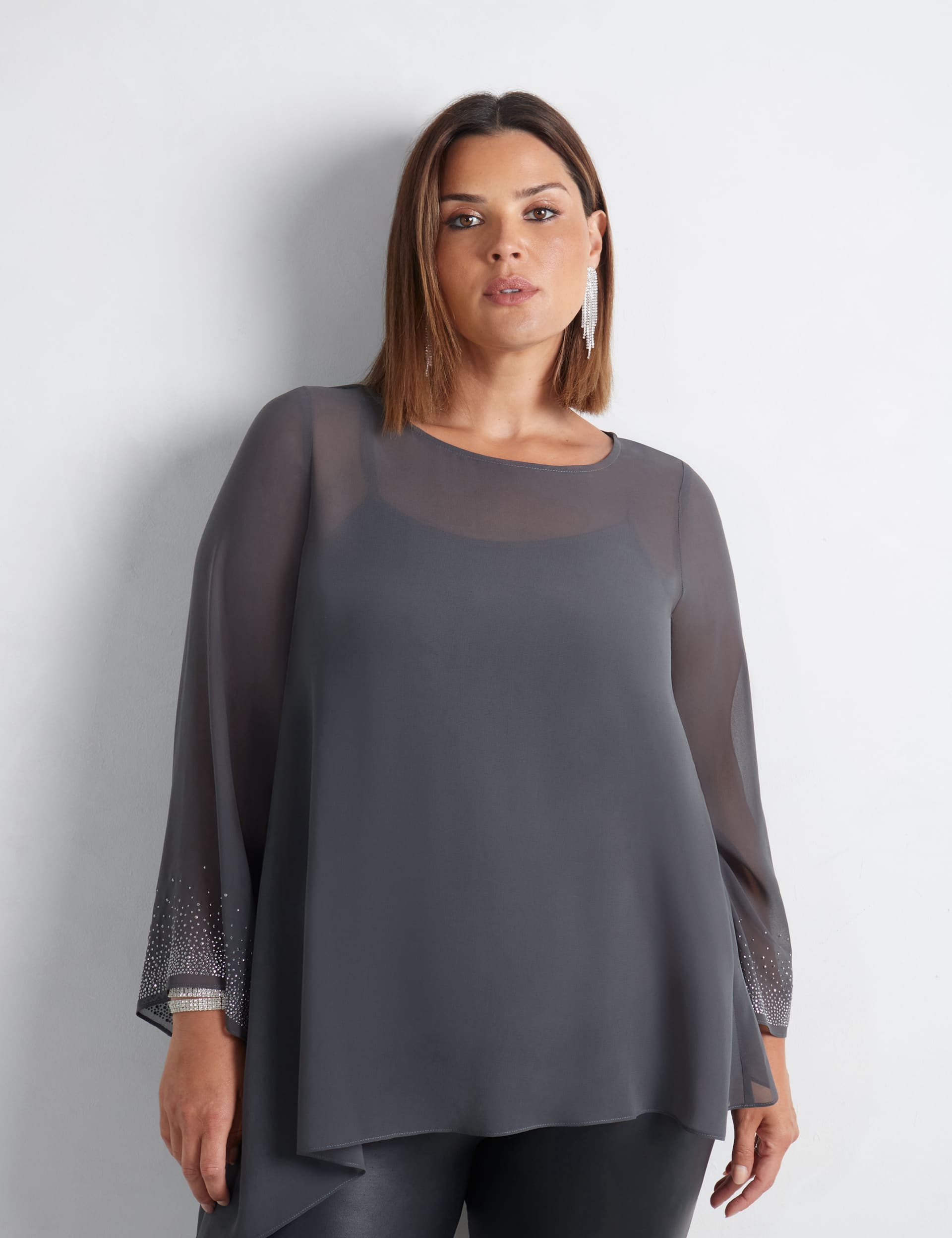 Live Unlimited London Women's Sheer Embellished Top - 20 - Grey, Grey