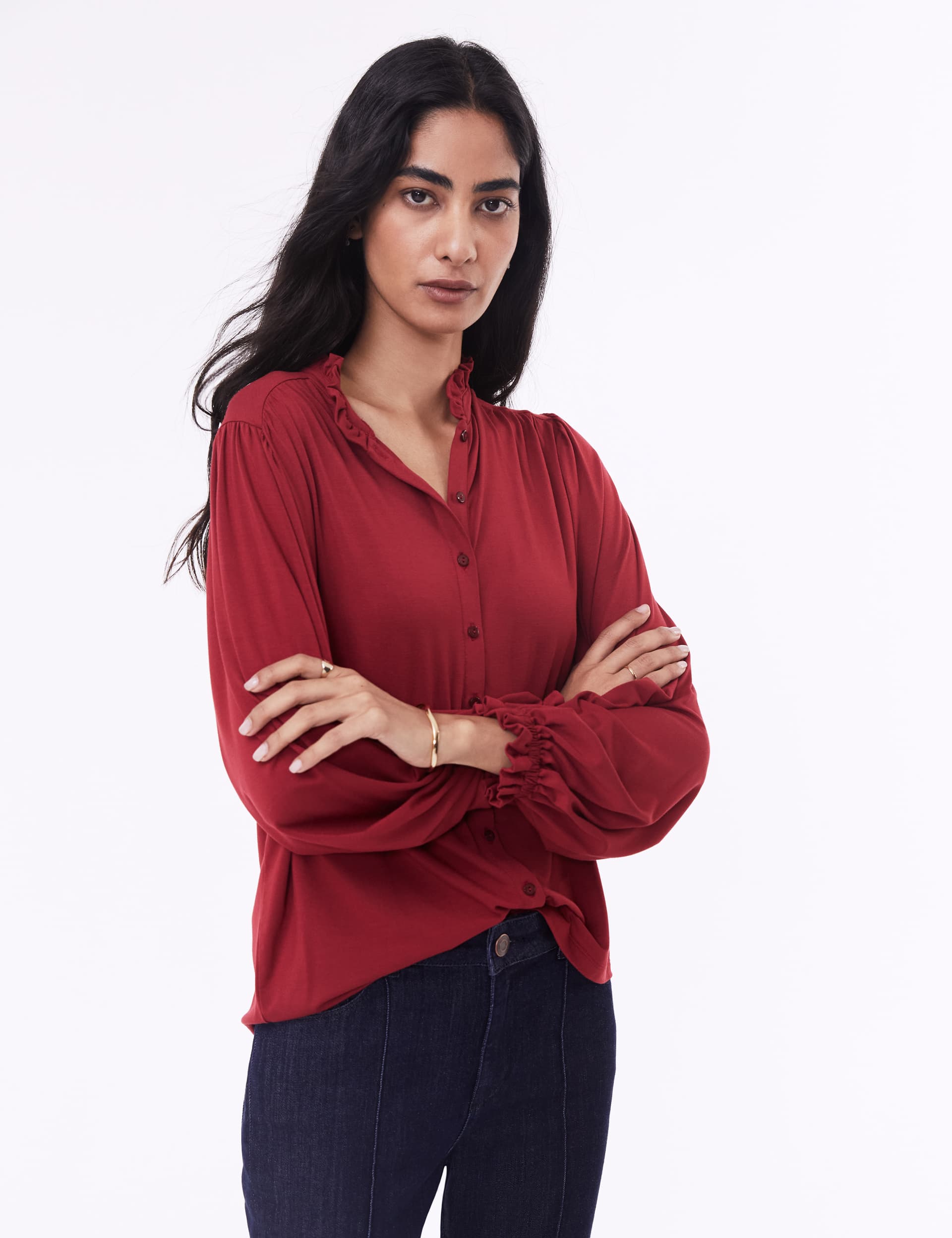 Baukjen Women's High Neck Frill Detail Button Through Blouse - 16 - Red, Red