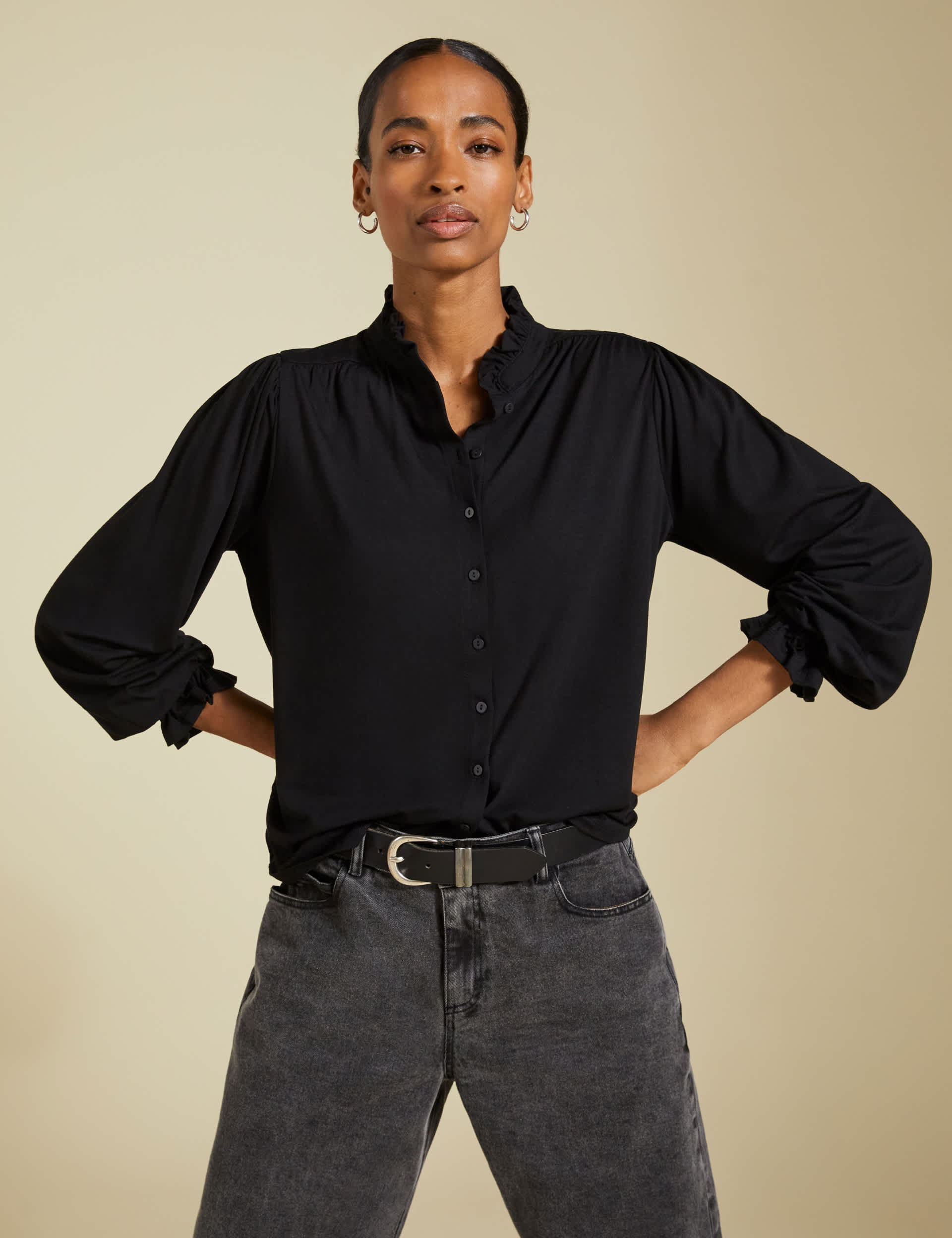 Baukjen Women's High Neck Frill Detail Button Through Blouse