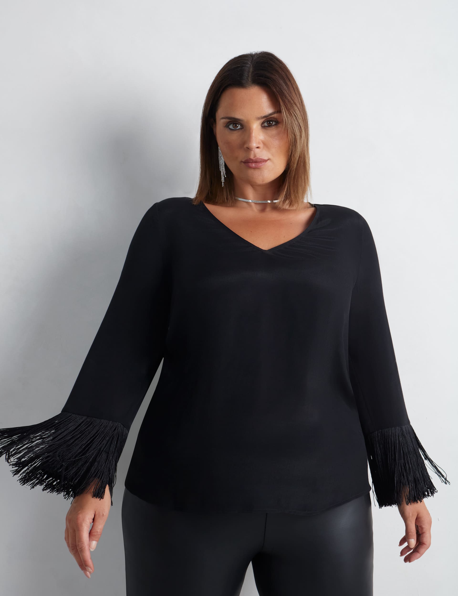 Live Unlimited London Women's Fringed V-Neck Top - 22 - Black, Black