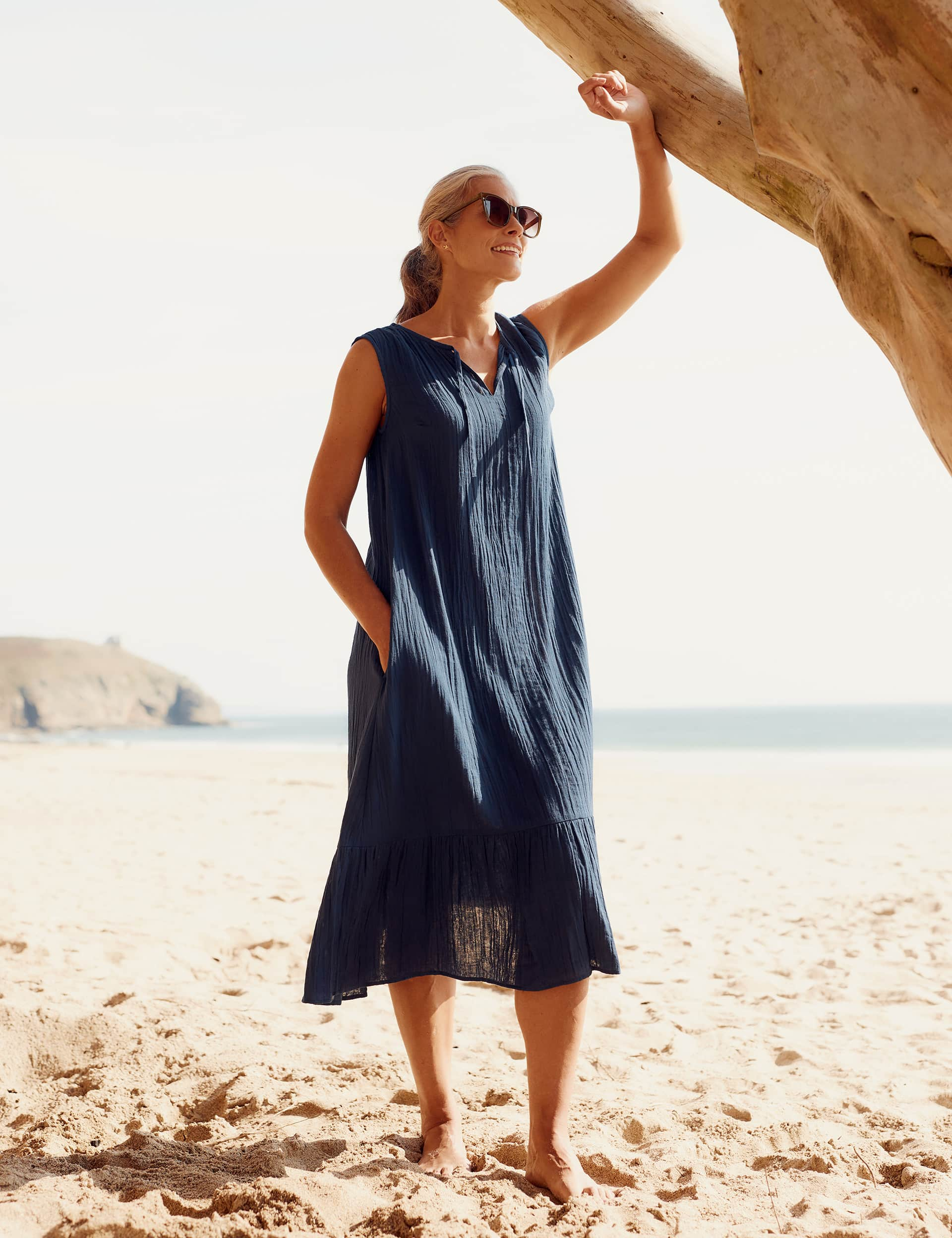 Seasalt Cornwall Women's Cotton V-Neck Midi Waisted Dress - 8 - Navy, Navy