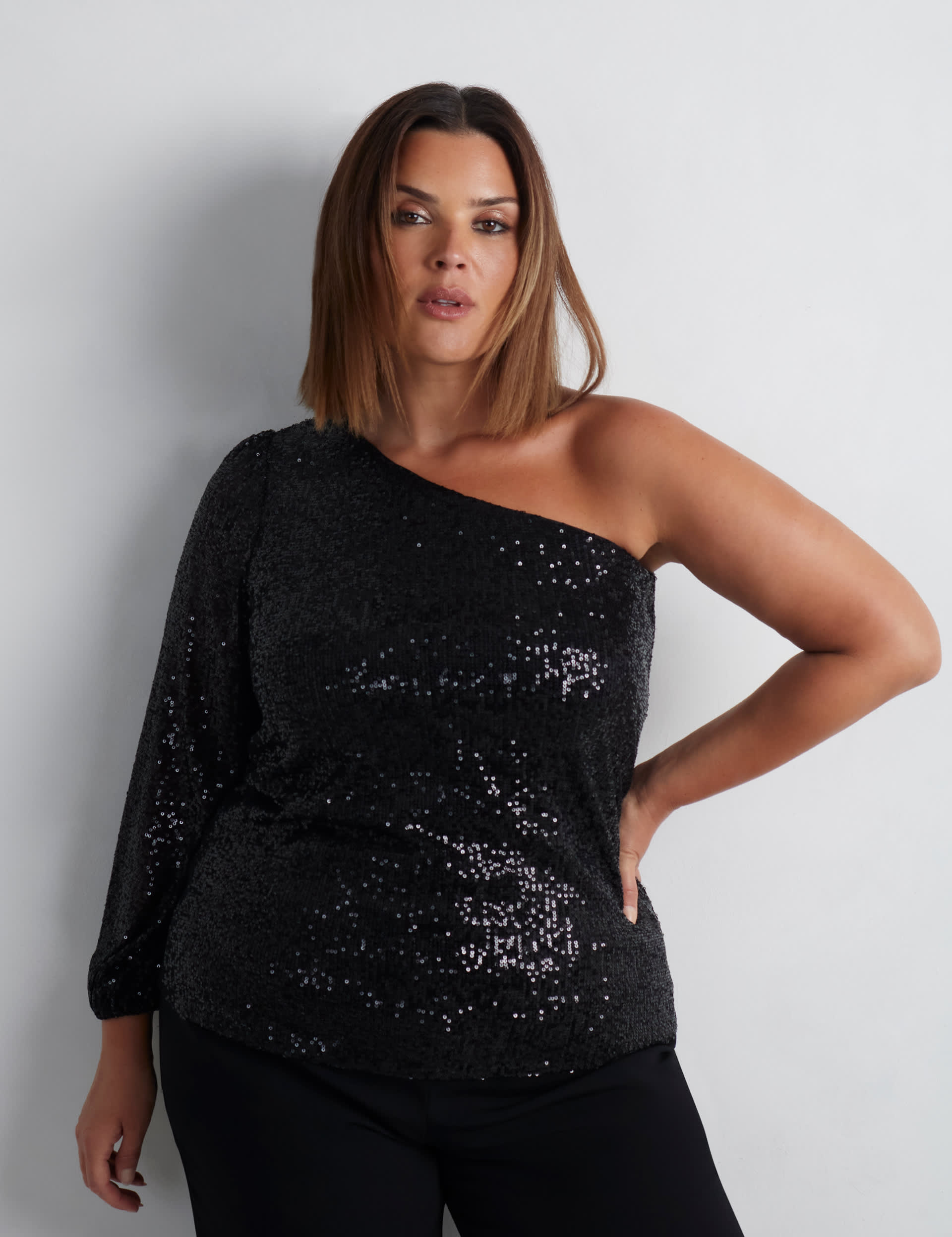 Live Unlimited London Women's Sequin One Shoulder Top - 22 - Black, Black