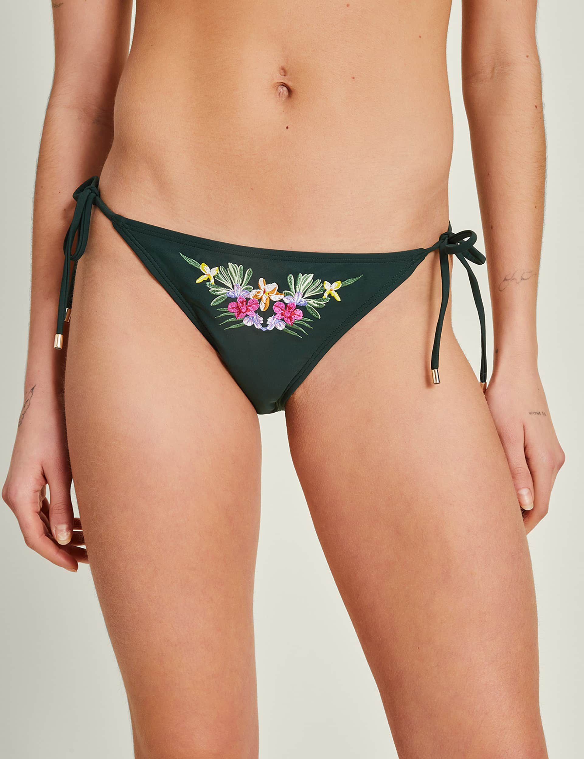 Accessorize Women's Floral Embroidered Tie Side Bikini Bottoms - 20 - Green Mix, Green Mix