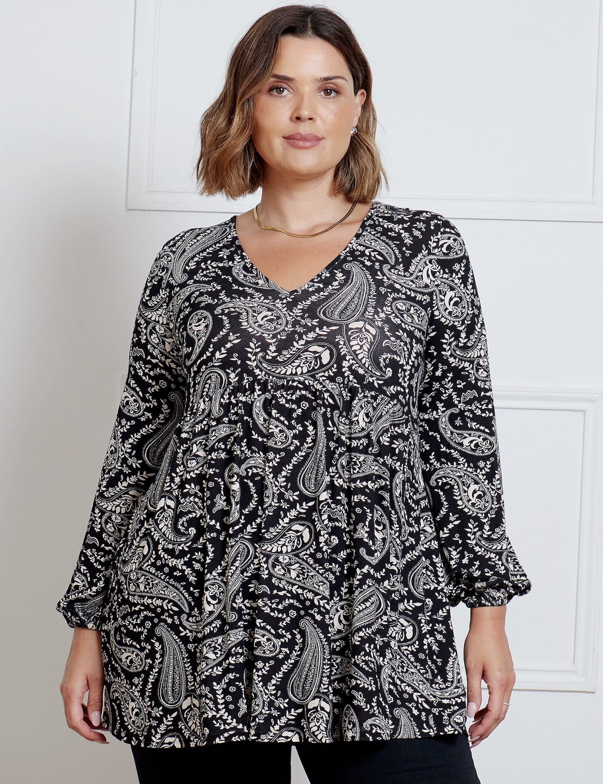 Live Unlimited London Women's Paisley V-neck Tunic - 12 - Black Mix, Black Mix