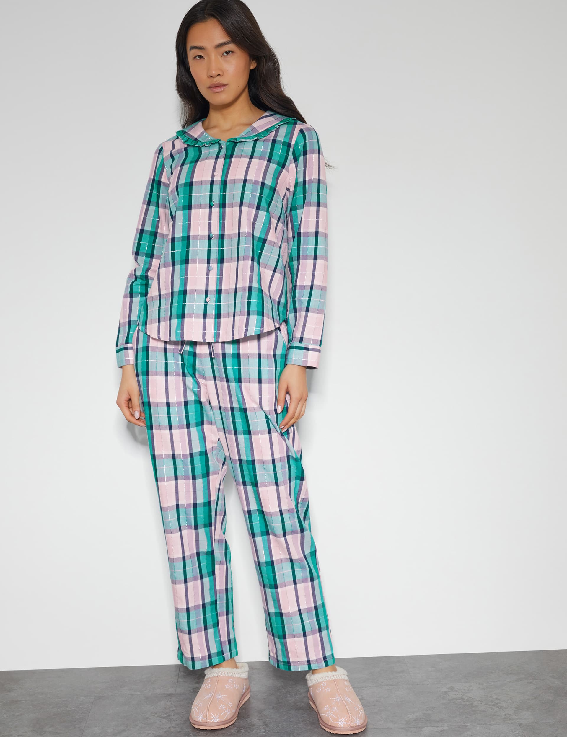 Monsoon Women's Cotton Rich Checked Pyjama Set - XL - Teal Mix, Teal Mix