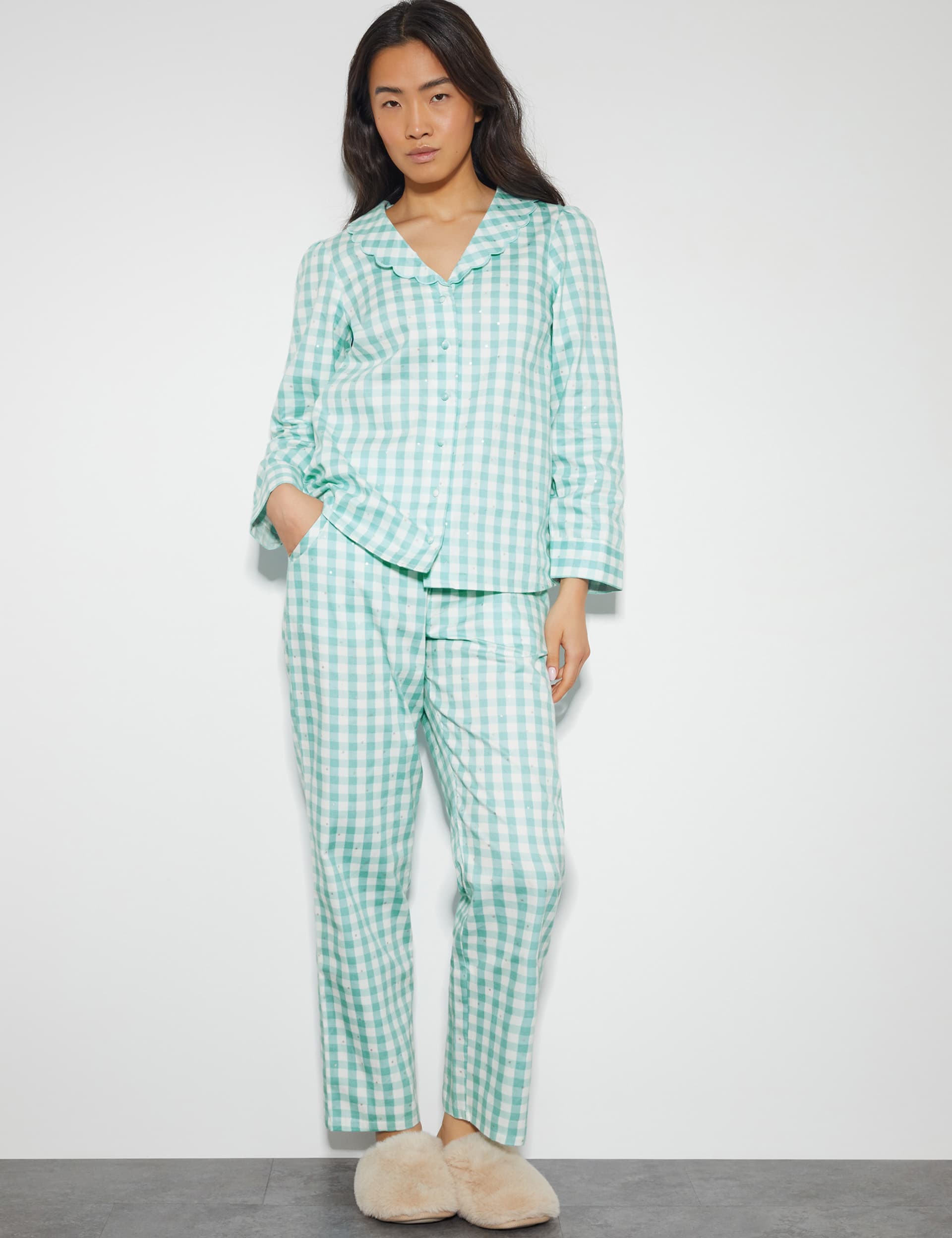 Monsoon Women's Pure Cotton Gingham Check Stars Pyjama Set - XL - Teal Mix, Teal Mix