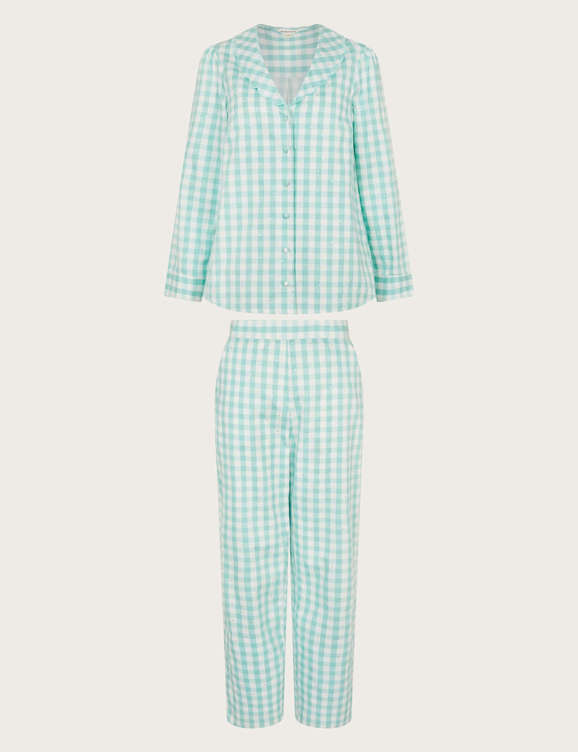 Monsoon Women's Pure Cotton Gingham Check Stars Pyjama Set - Teal Mix, Teal Mix