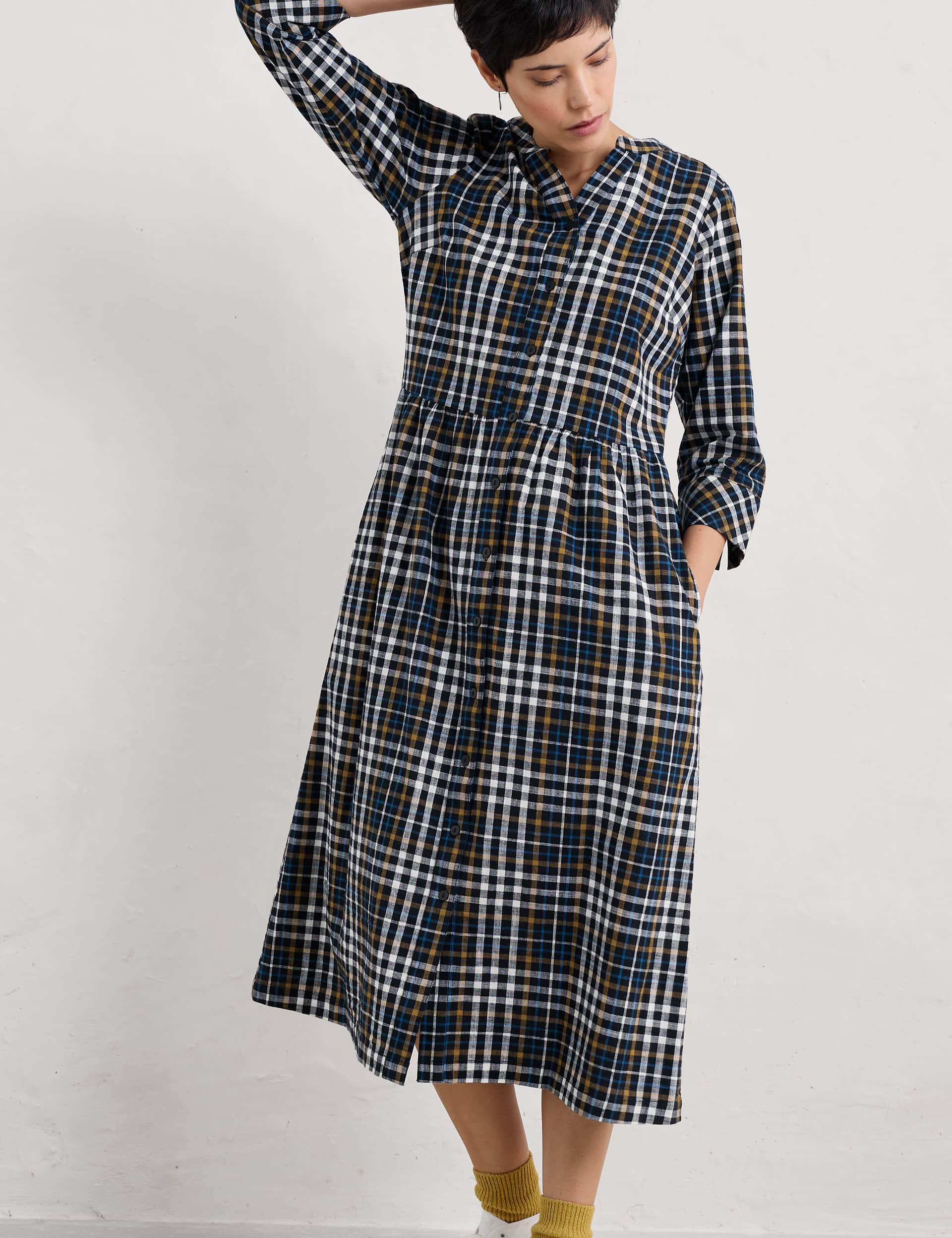 Seasalt Cornwall Women's Pure Cotton Checked Midi Waisted Dress - 12 - Navy Mix, Navy Mix