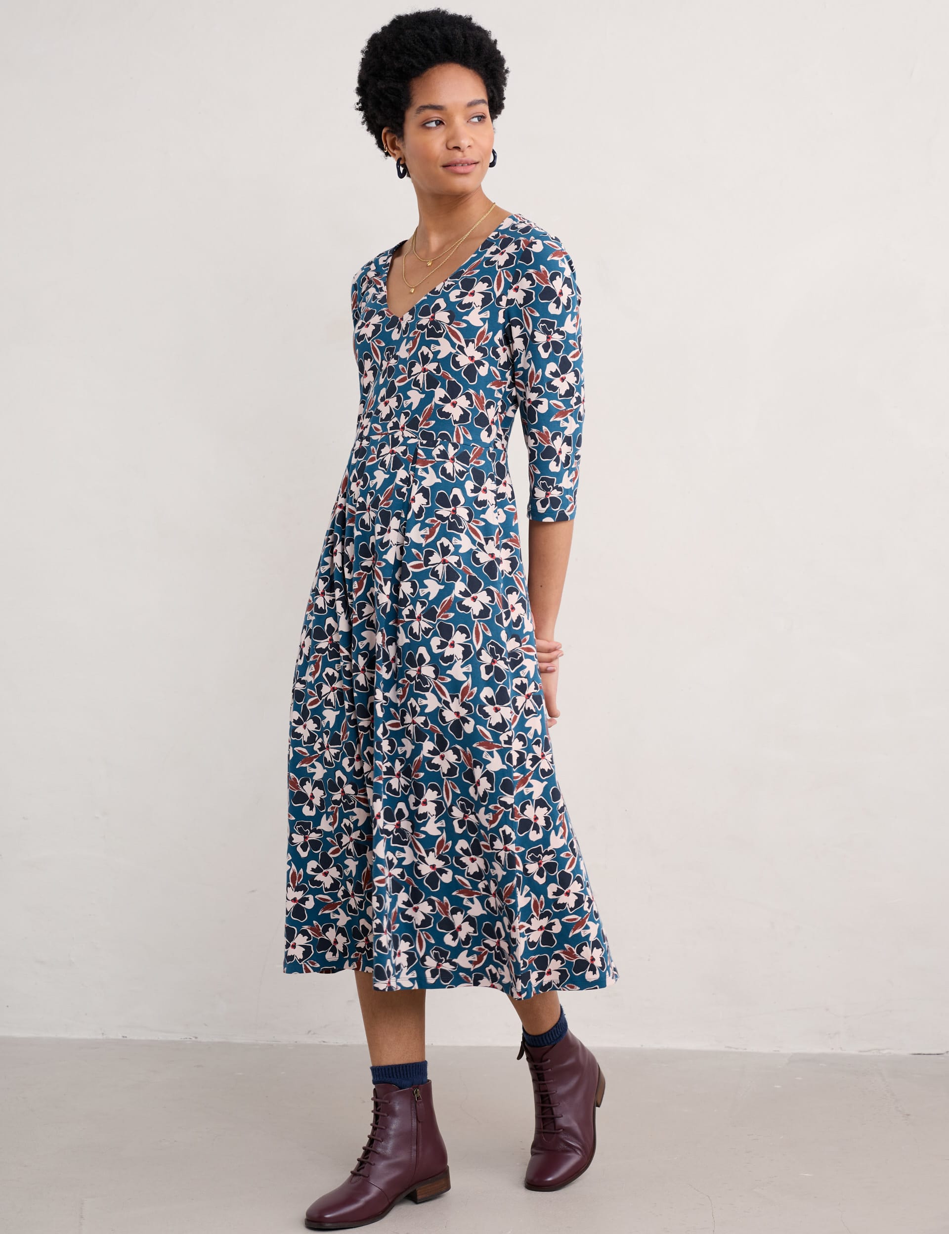 Seasalt Cornwall Women's Cotton Rich Floral V-Neck Midi Dress - 16 - Teal Mix, Teal Mix