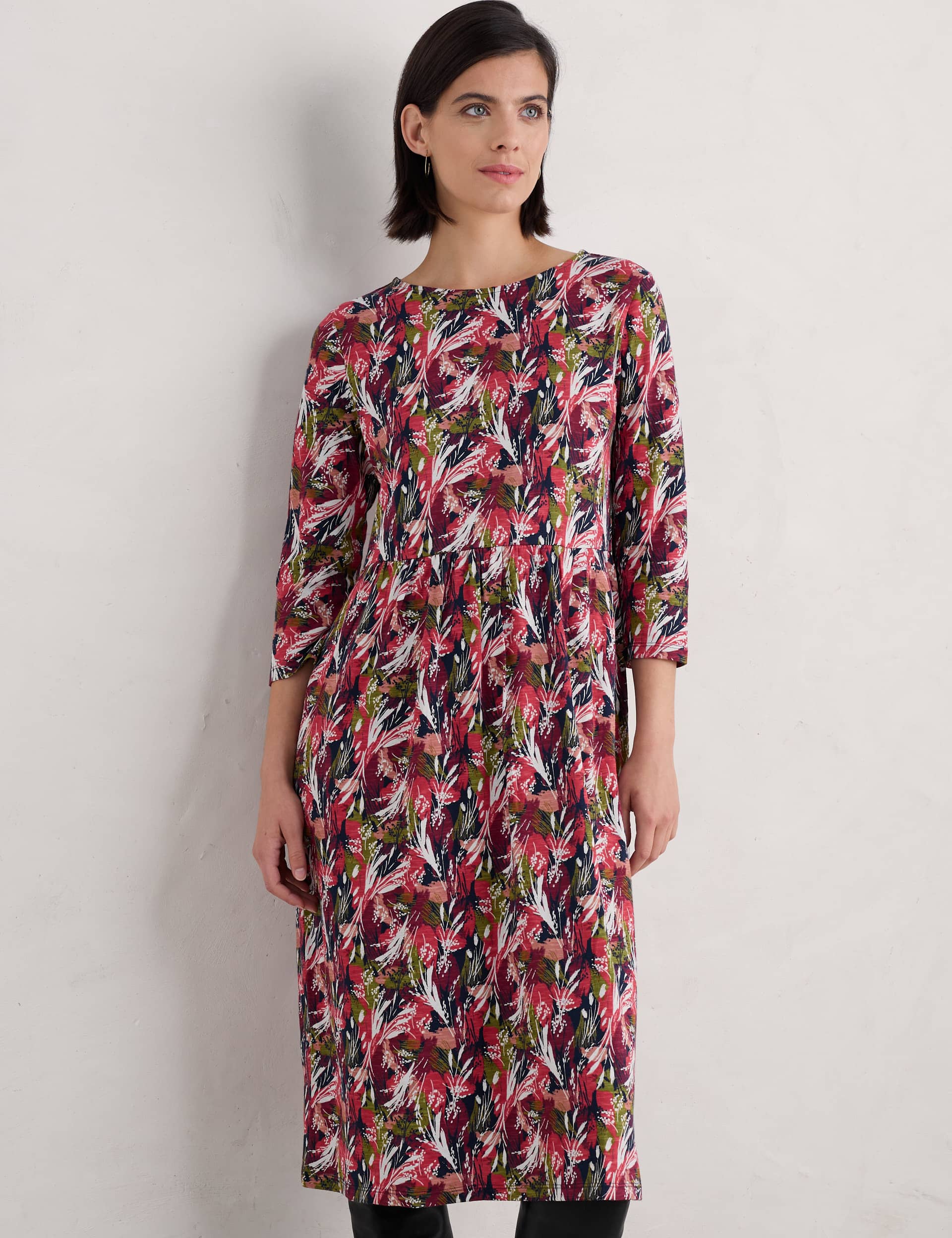 Seasalt Cornwall Women's Pure Cotton Printed Midi Waisted Dress - 14REG - Pink Mix, Pink Mix