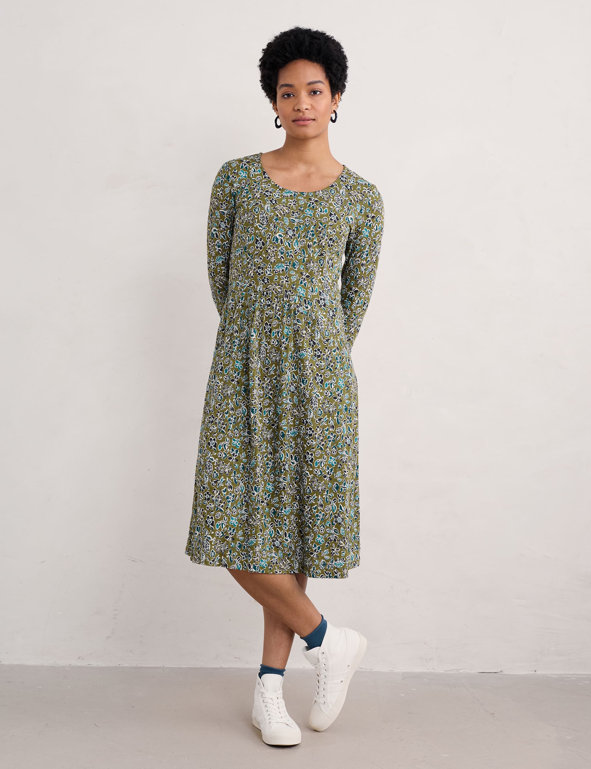 Seasalt Cornwall Women's Pure Cotton Floral Midi Skater Dress - 20REG - Green Mix, Green Mix