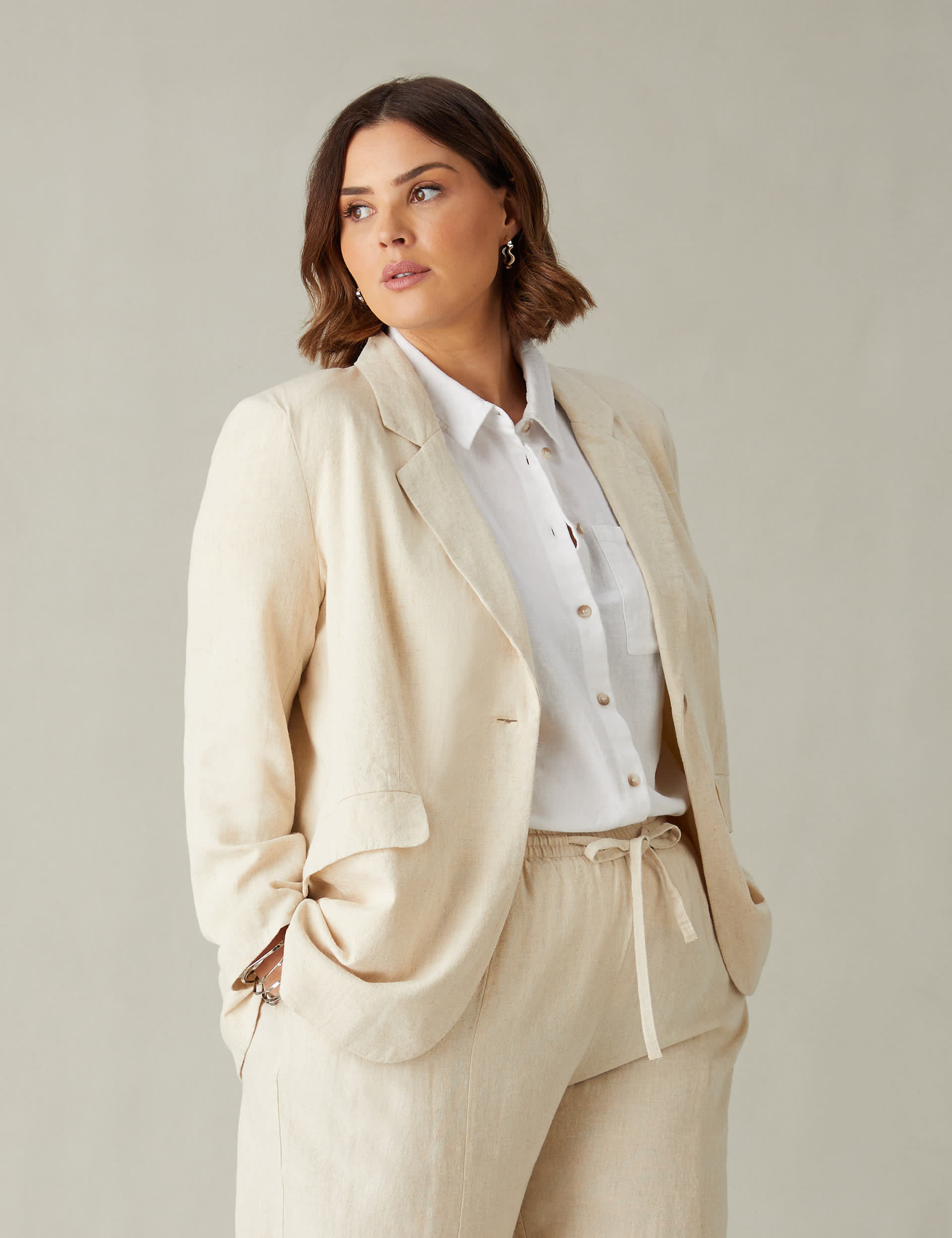 Live Unlimited London Women's Linen Blend Single Breasted Blazer - 18 - Natural, Natural