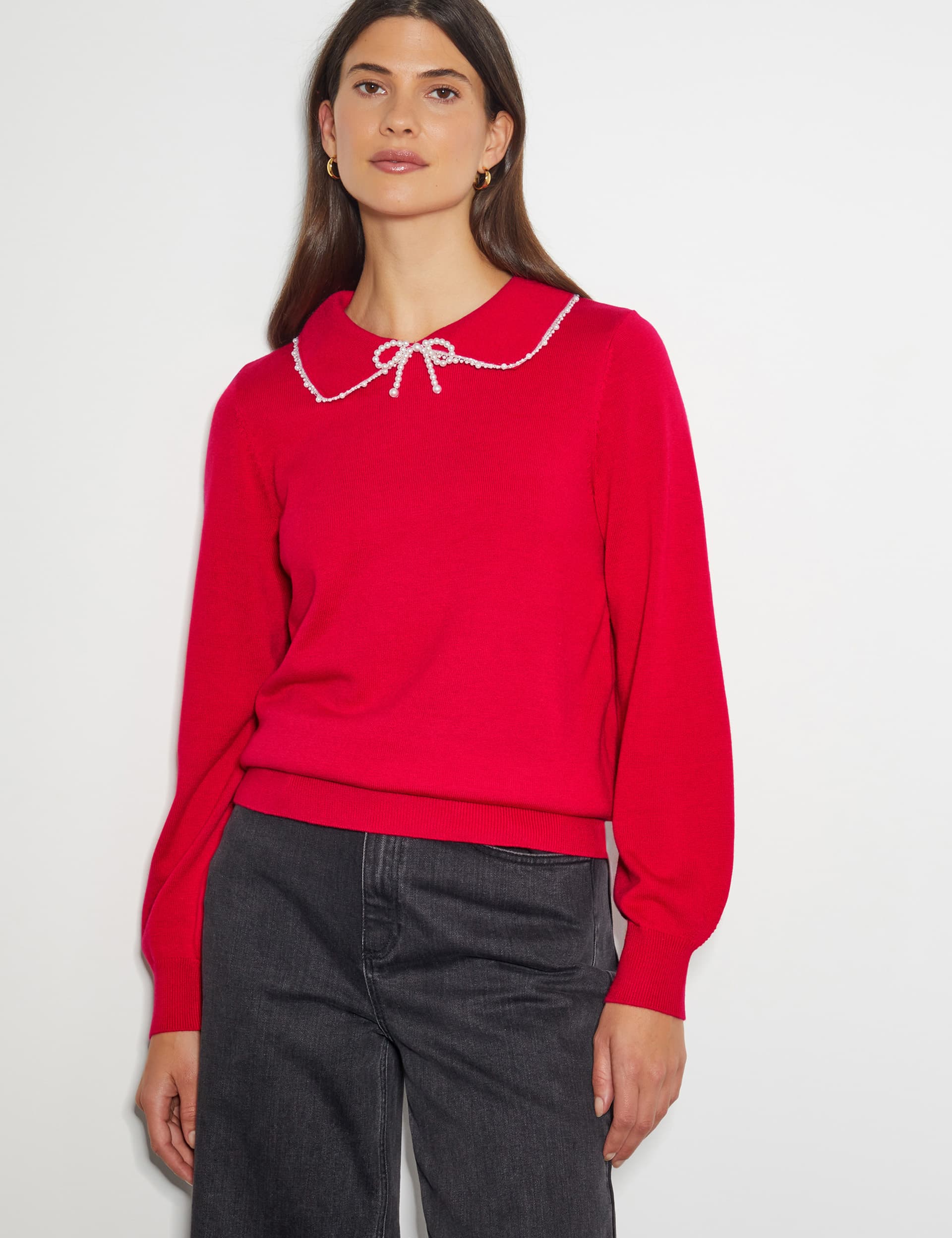 Monsoon Women's Textured Collared Neck Jumper - S, Red