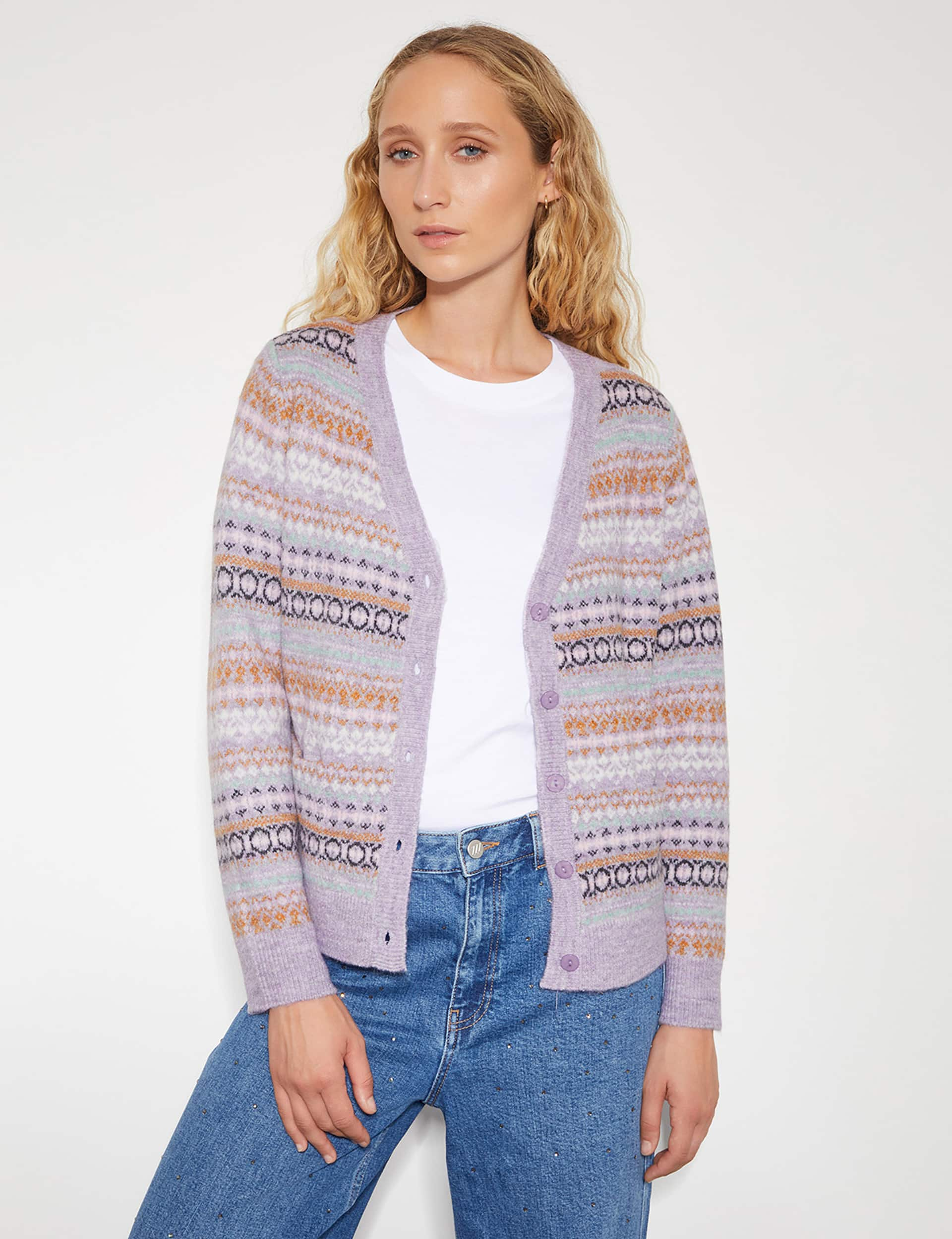 Monsoon Women's Fair Isle V-Neck Relaxed Fit Cardigan - Purple Mix, Purple Mix