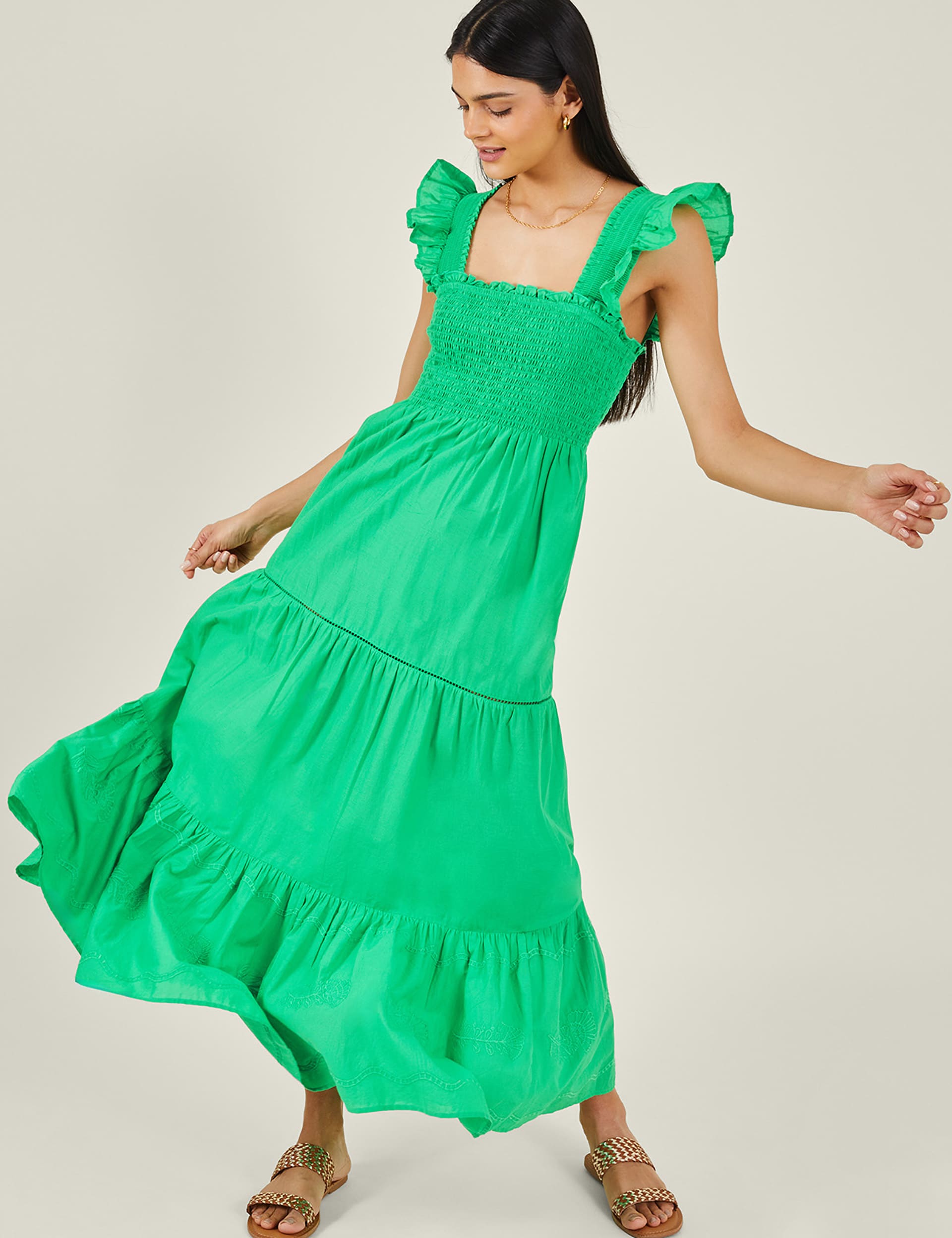 Accessorize Women's Pure Cotton Embroidered Square Neck Dress - L - Green, Green