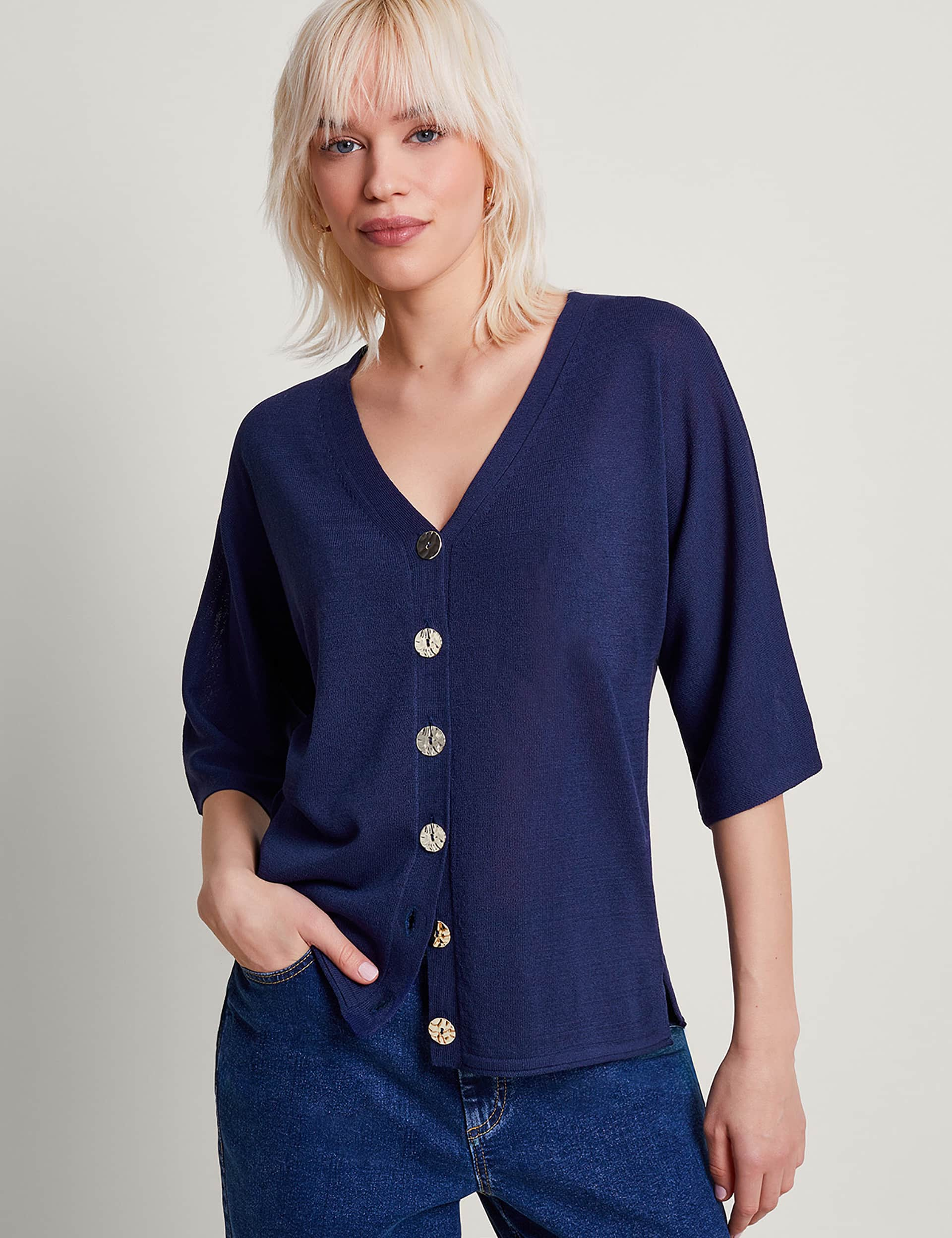 Monsoon Women's Button Front Cardigan with Linen - S - Navy, Navy