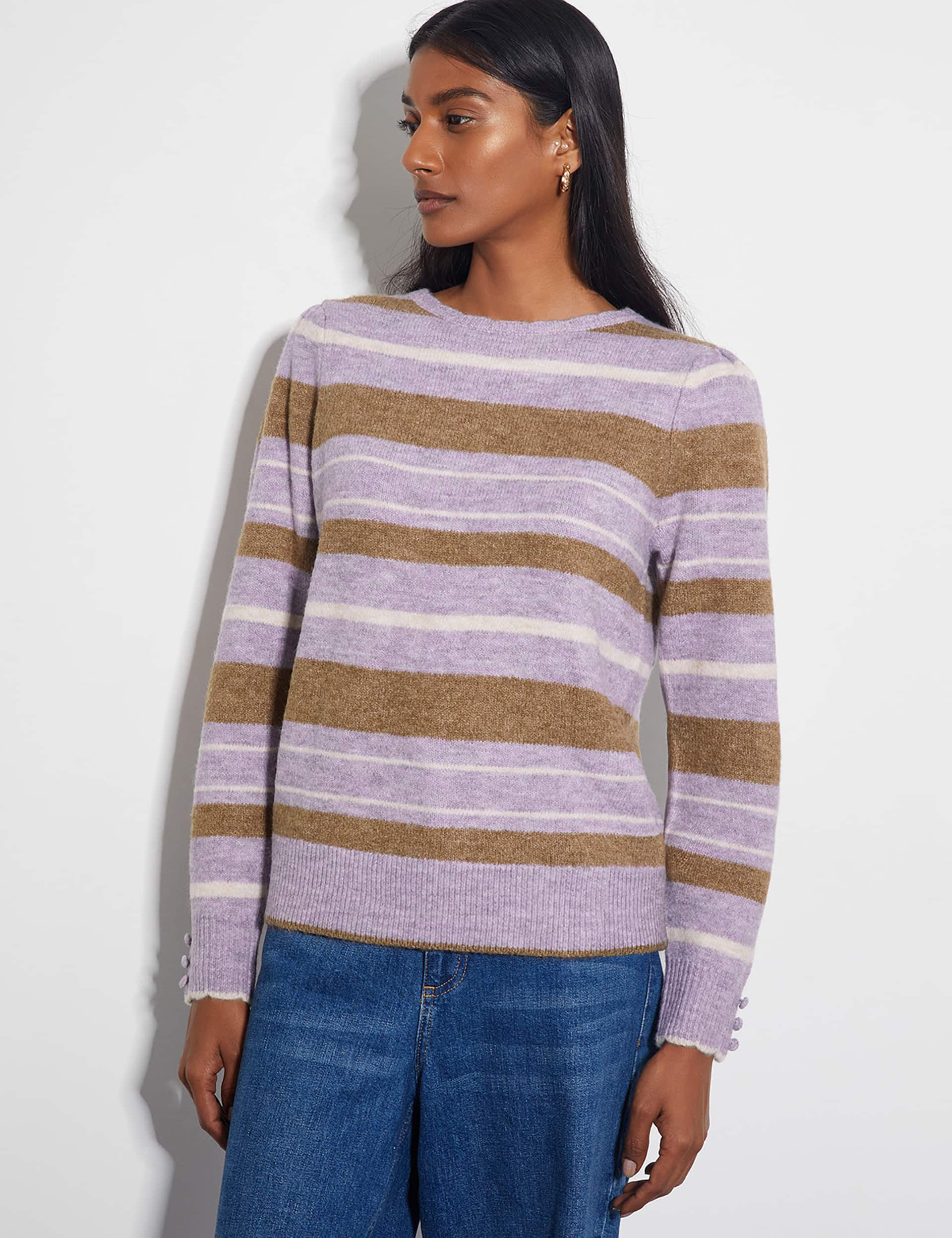 Monsoon Women's Striped Crew Neck Jumper - Purple Mix, Purple Mix