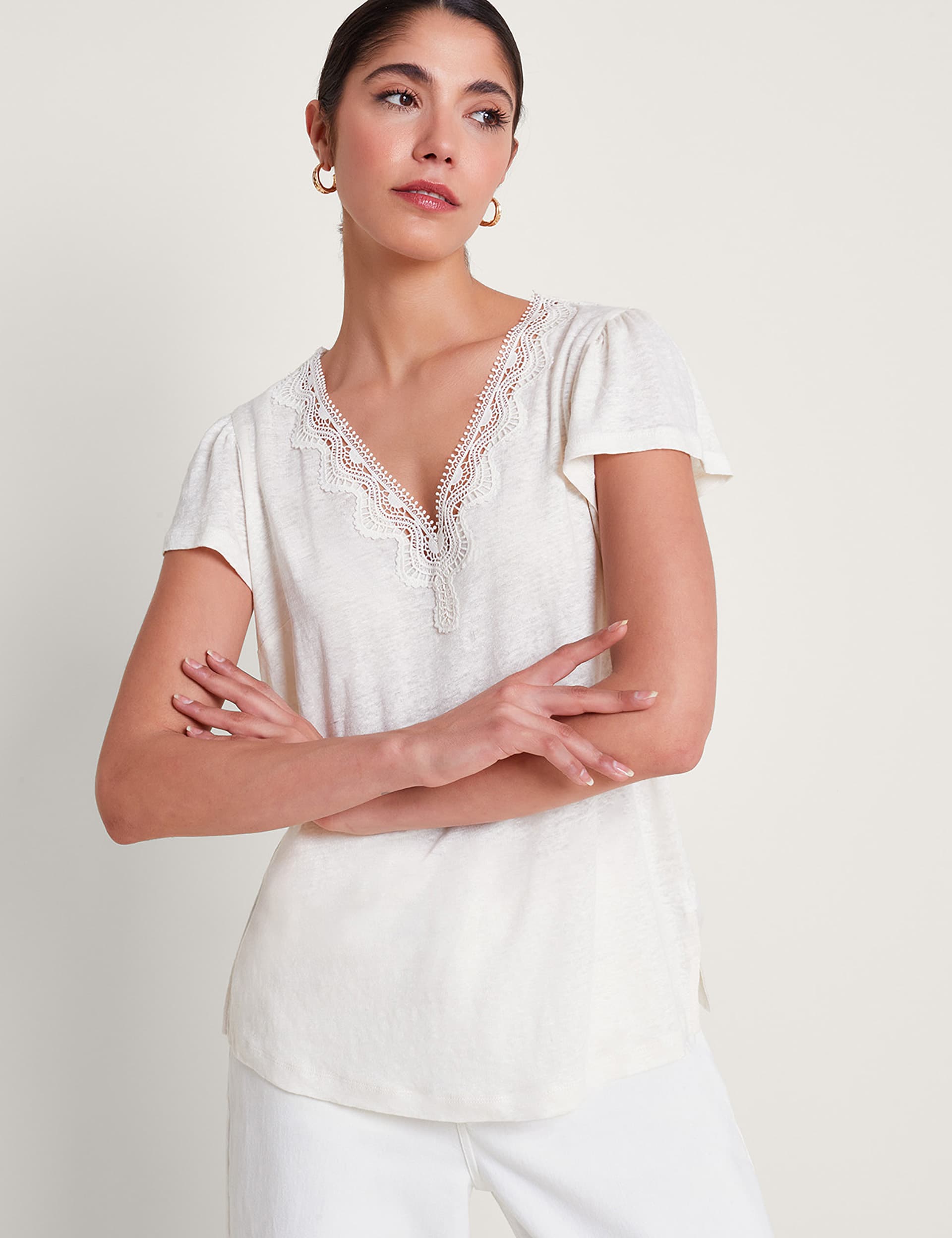 Monsoon Women's Pure Linen V-Neck Lace Detail T-Shirt - Ivory, Ivory,Green