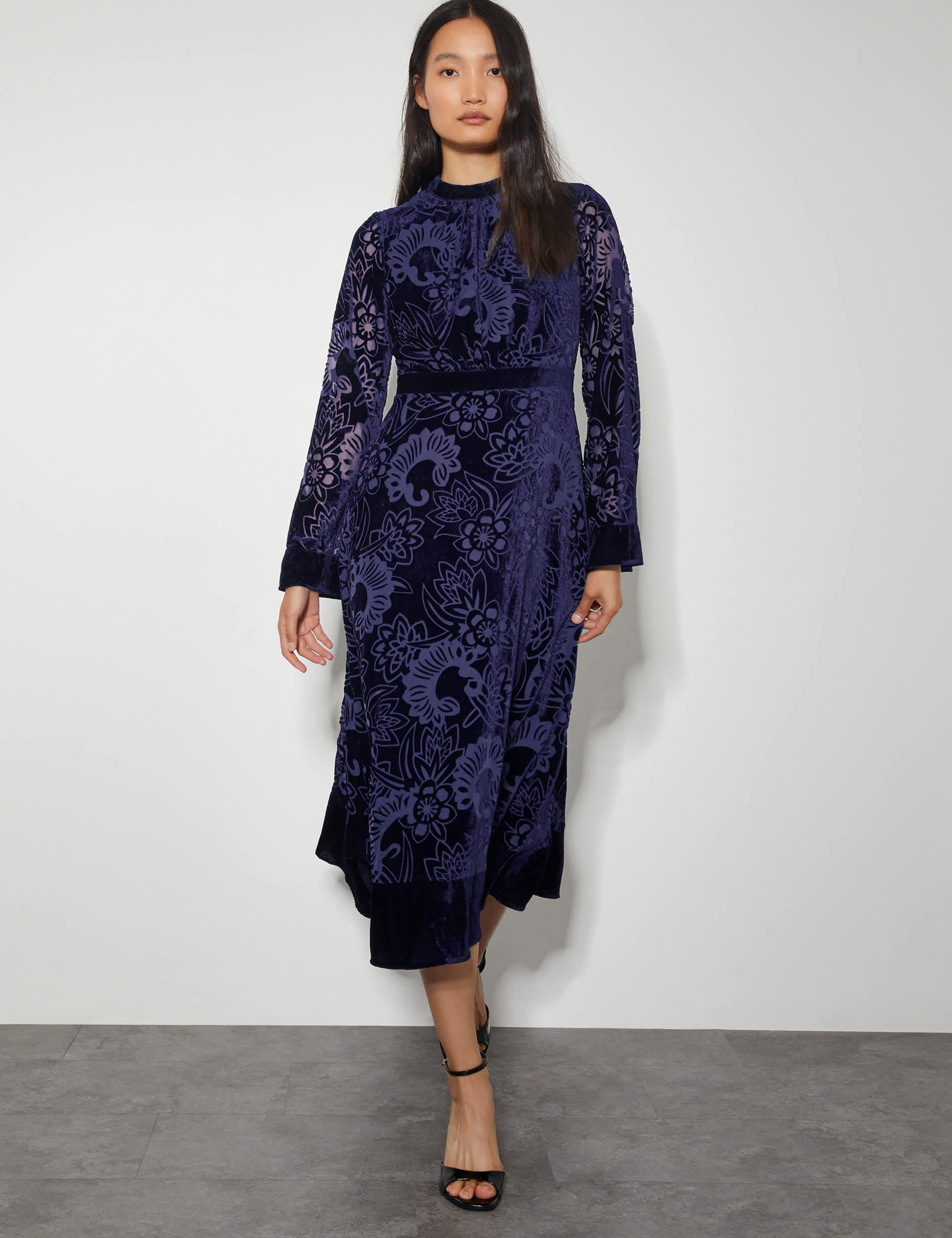 Monsoon Women's Velvet Printed Midi Waisted Dress - 12 - Navy, Navy