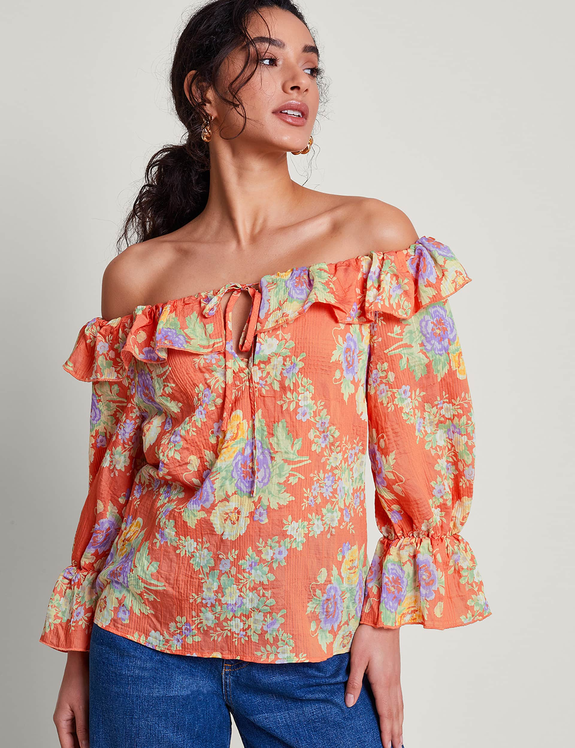 Monsoon Women's Floral Off The Shoulder Blouse - M - Orange Mix, Orange Mix