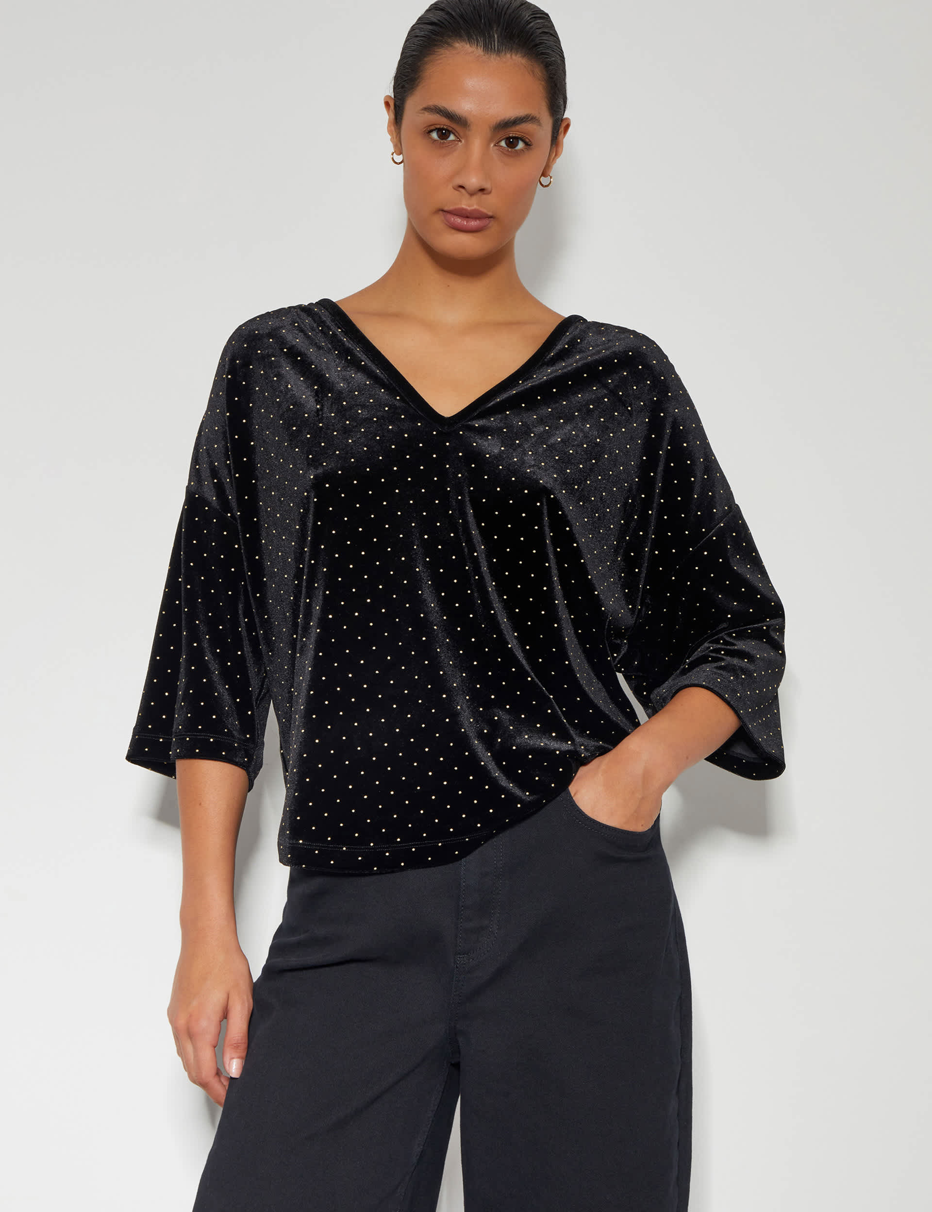 Monsoon Women's Velvet Pindot V-Neck Top - M - Black, Black