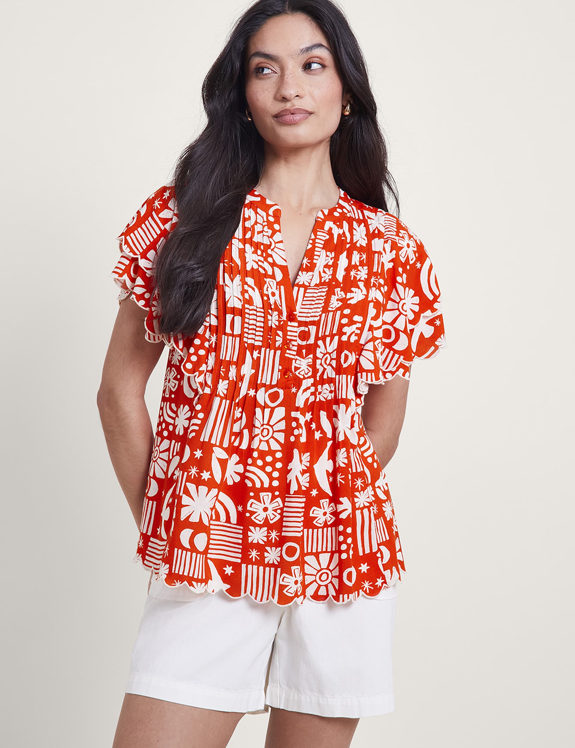 Monsoon Women's Printed Pleated Notch Neck Top - S - Red Mix, Red Mix