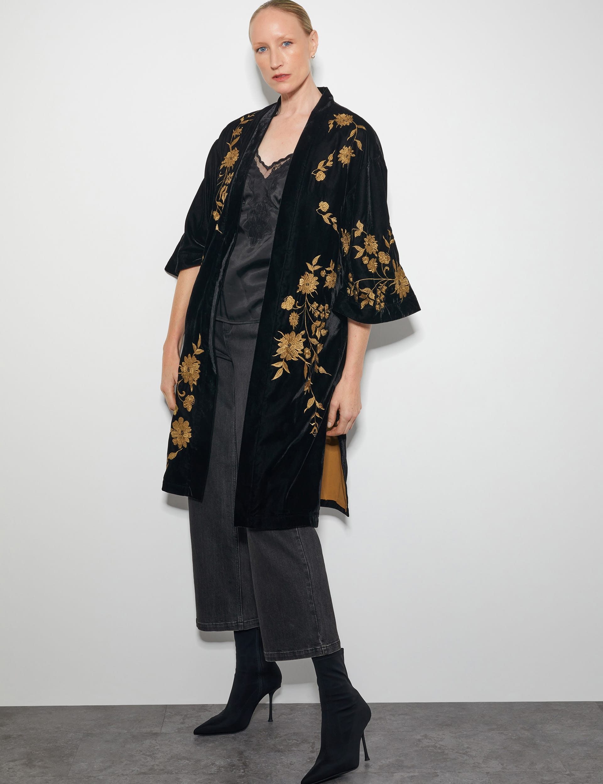 Monsoon Women's Velvet Floral Embroidered Kimono - 16 - Air Force Blue, Air Force Blue