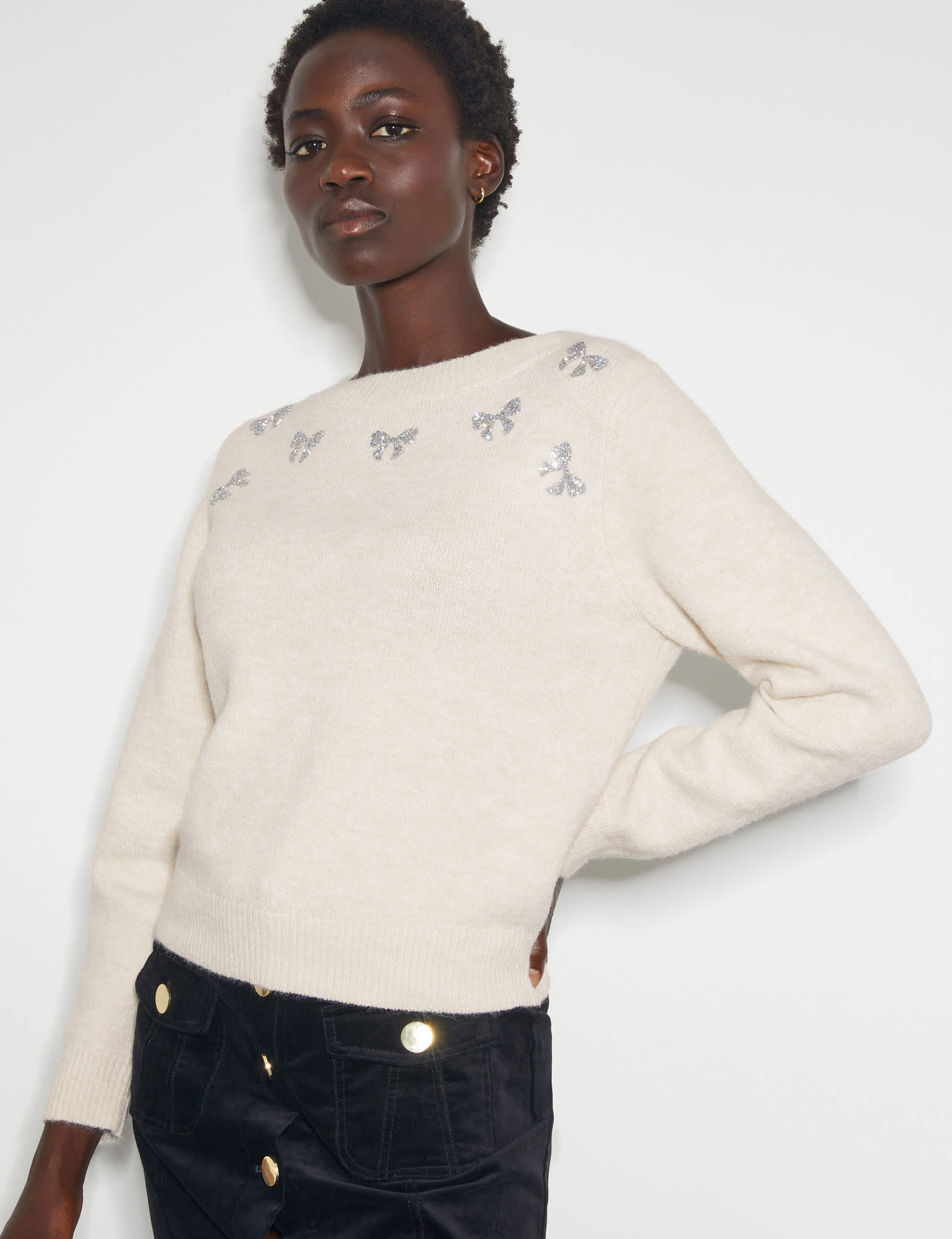 Monsoon Women's Embellished Crew Neck Jumper with Wool - XL - Ivory Mix, Ivory Mix