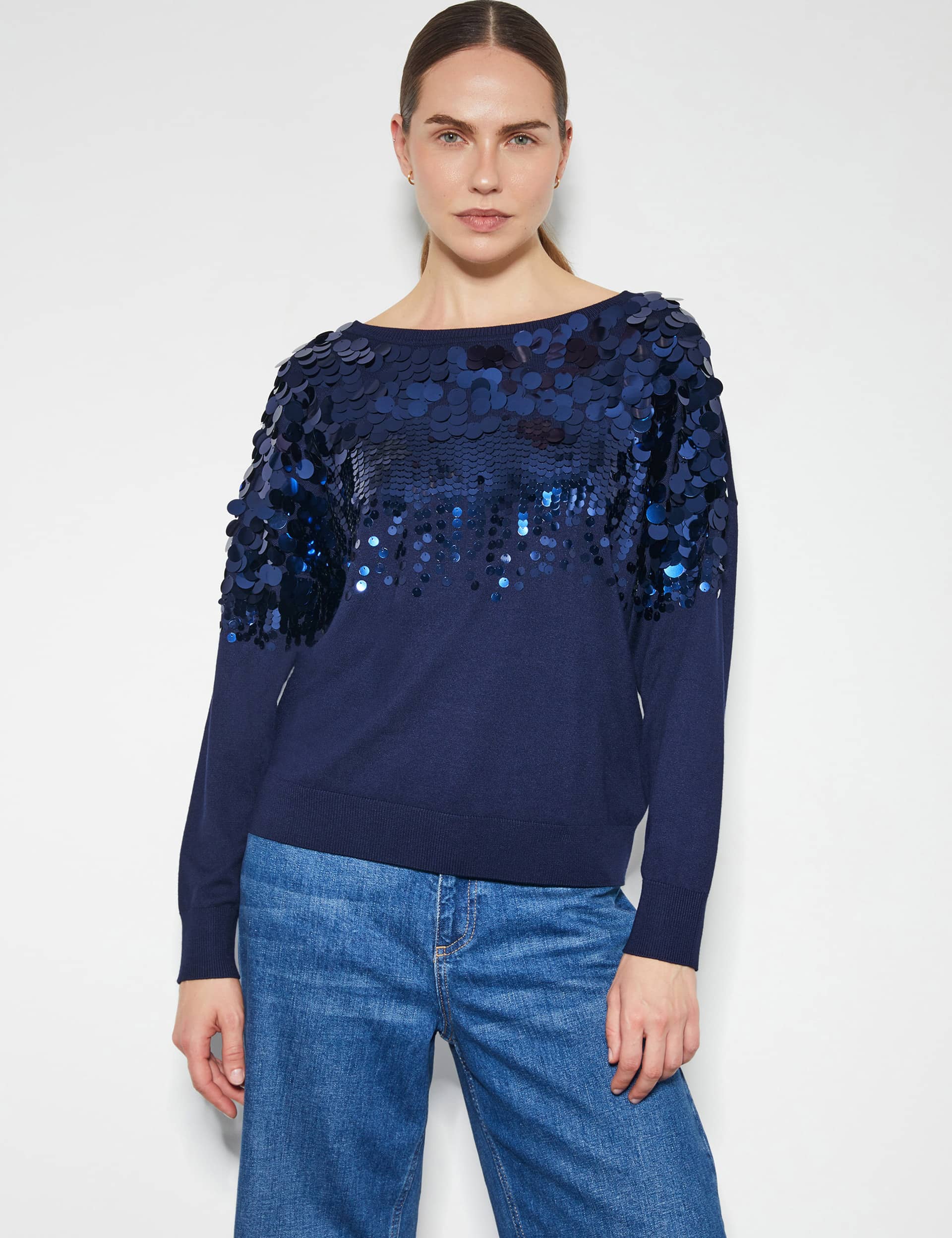 Monsoon Women's Sequin Crew Neck Jumper - Navy Mix, Navy Mix