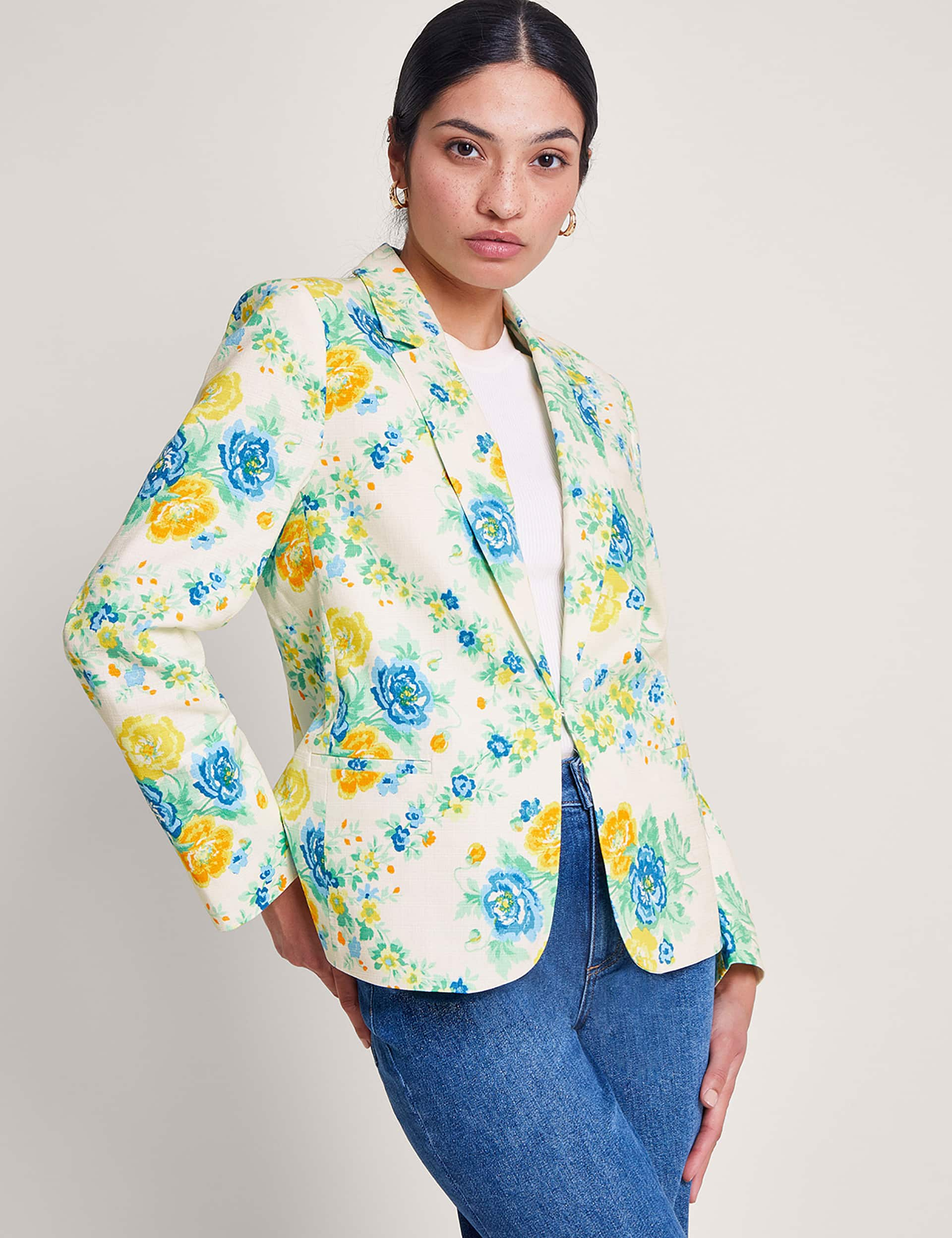 Monsoon Women's Cotton Rich Floral Blazer - 10 - Ivory Mix, Ivory Mix