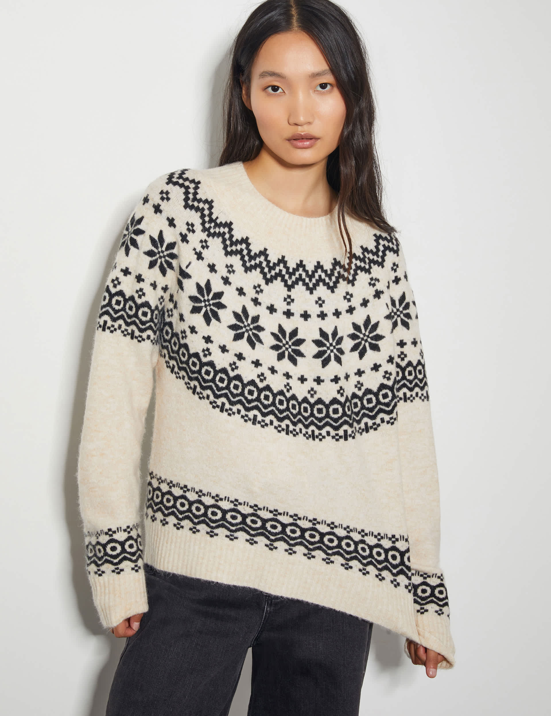 Monsoon Women's Fair Isle Crew Neck Jumper with Wool - Ivory Mix, Ivory Mix