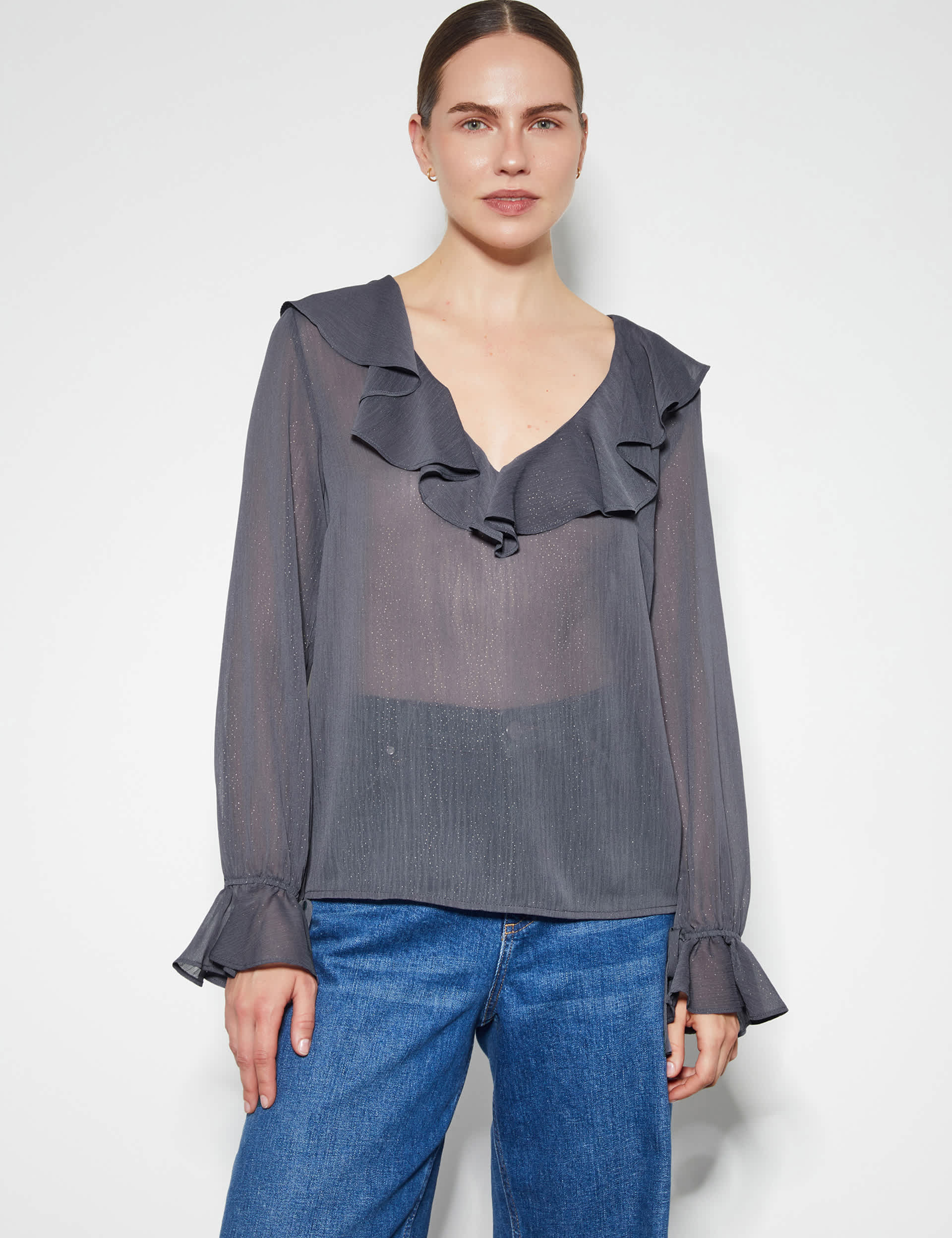 Monsoon Women's V-Neck Frill Detail Blouse - Charcoal Mix, Charcoal Mix