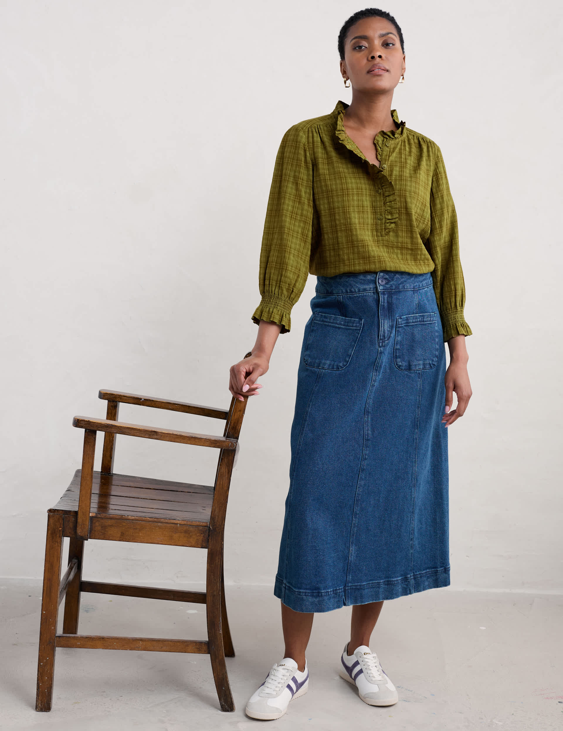 Seasalt Cornwall Women's Cotton Rich Checked Frill Detail Blouse