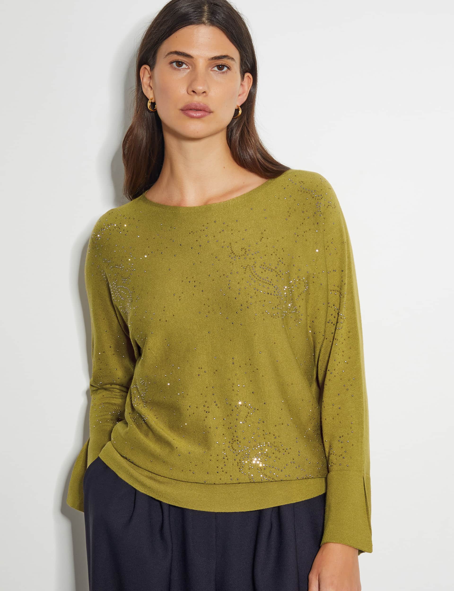 Monsoon Women's Embellished Slash Neck Raglan Jumper - Dark Green Mix, Dark Green Mix