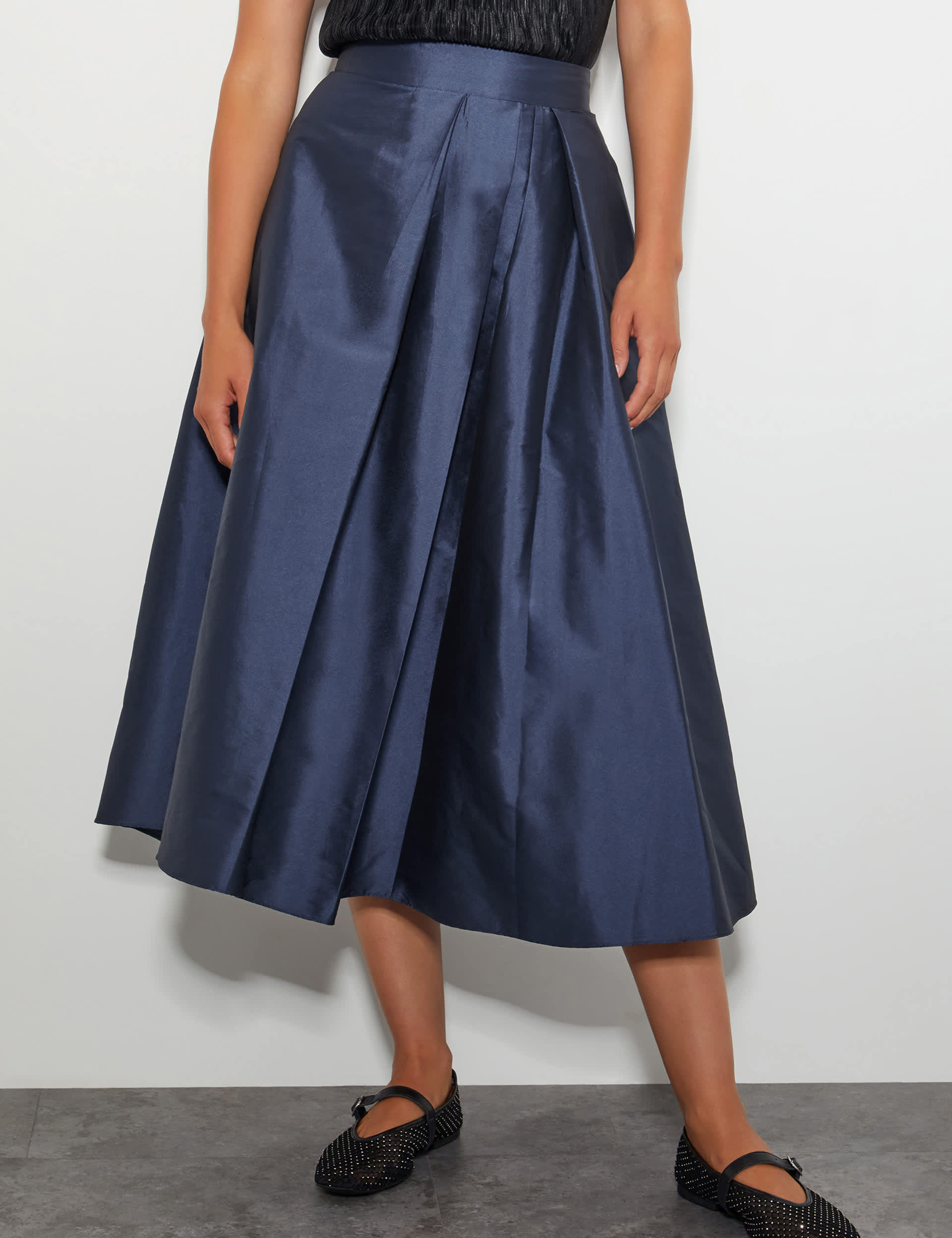 Monsoon Women's Taffeta Pleated Midi A-Line Skirt - 14 - Navy, Navy