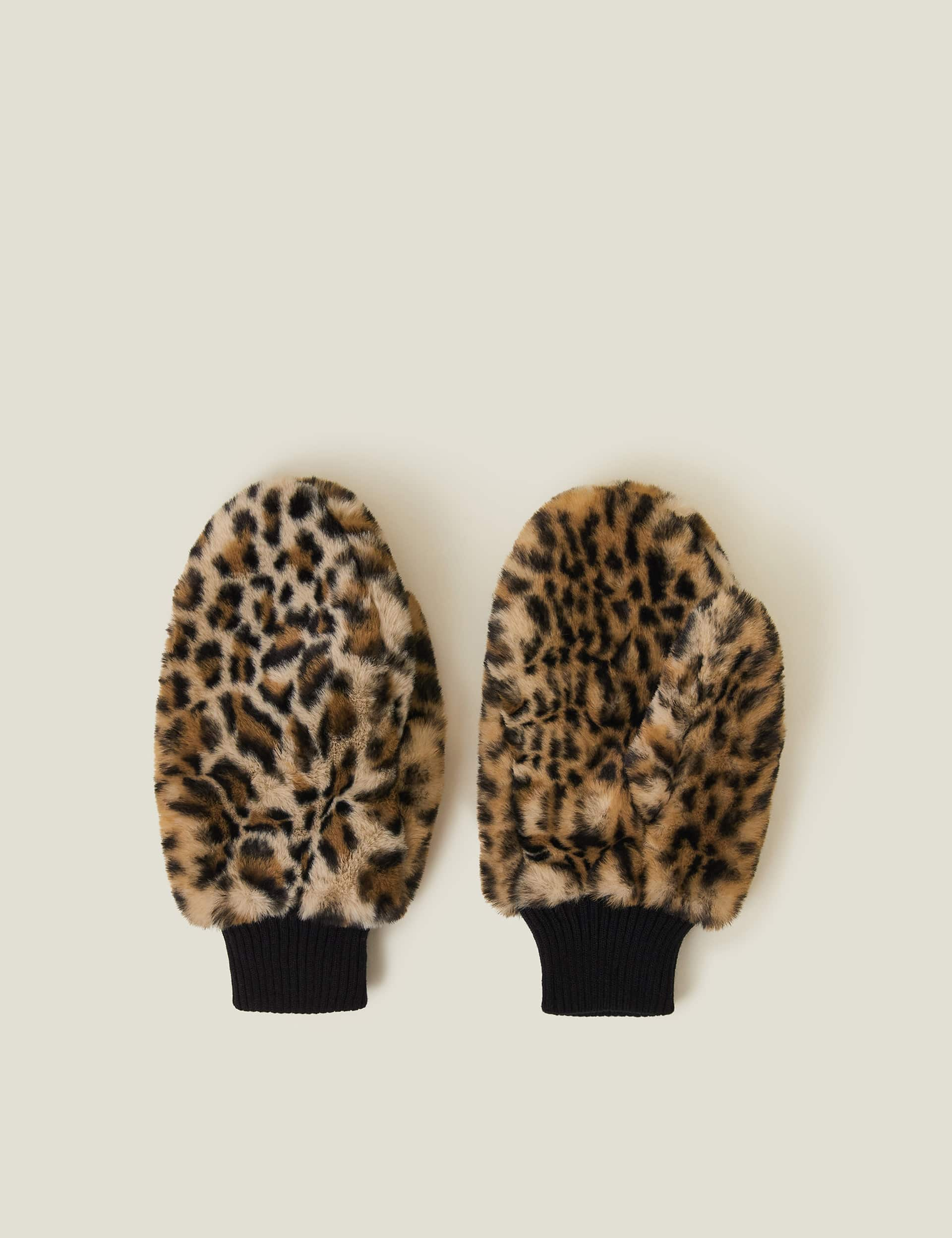 Accessorize Women's Faux Fur Leopard Print Mittens - Brown Mix, Brown Mix