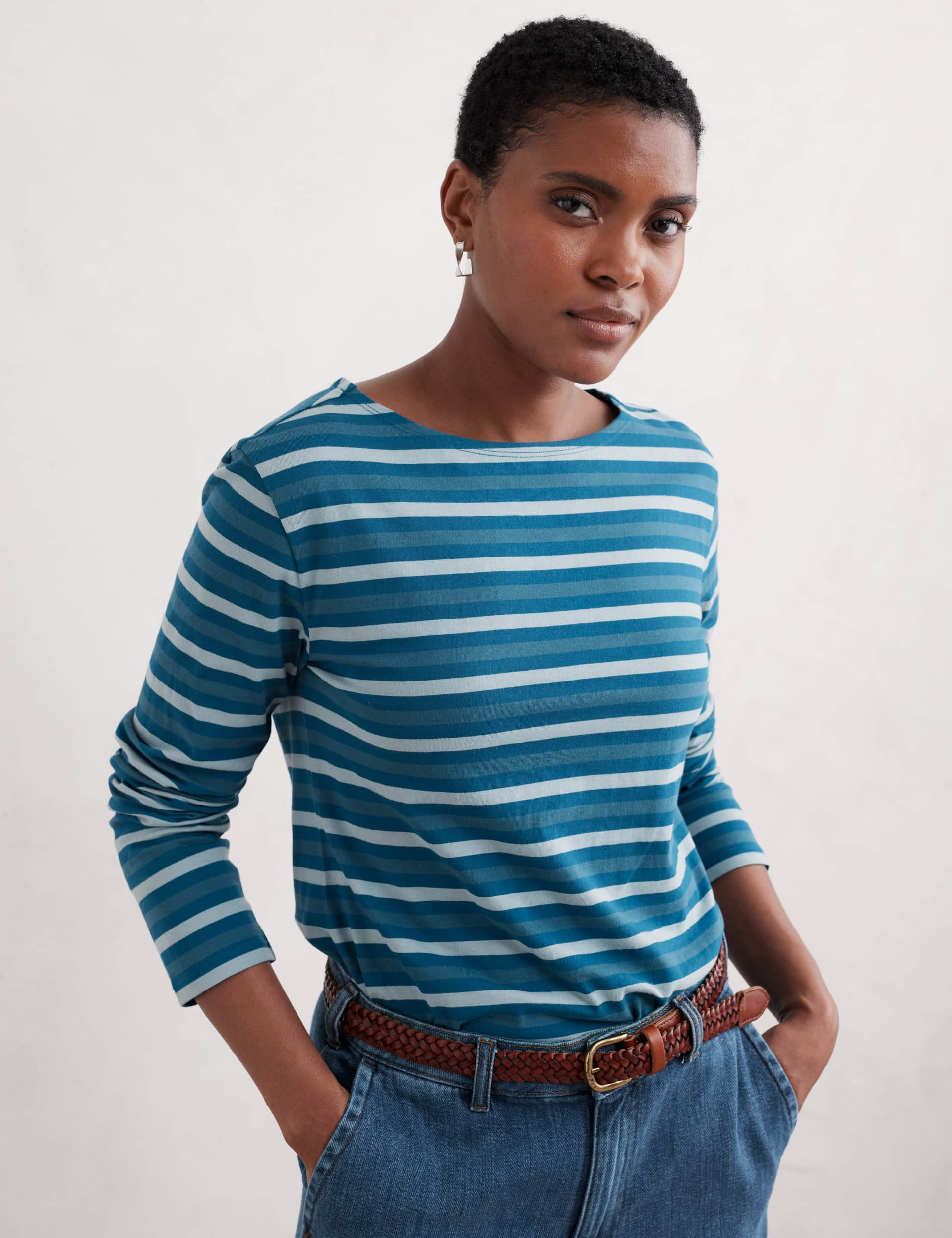 Seasalt Cornwall Women's Pure Cotton Striped Round Neck Relaxed Top - 12 - Teal Mix, Teal Mix