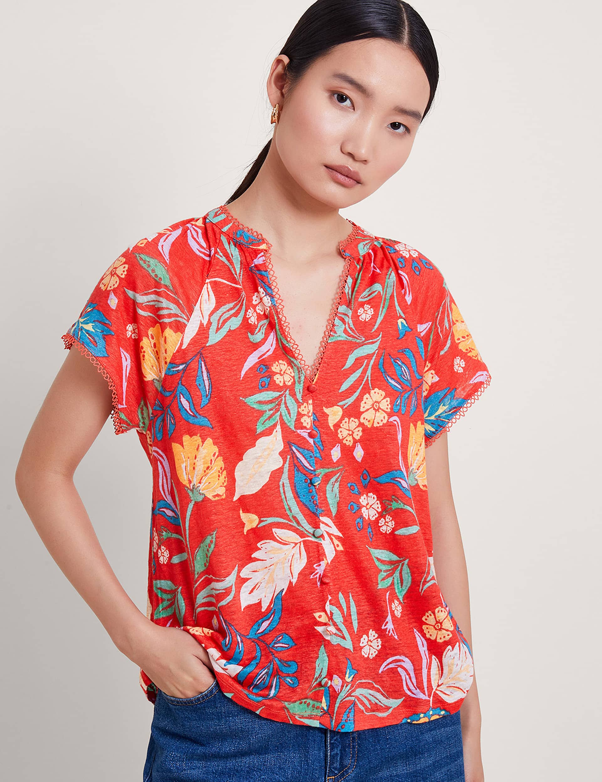 Monsoon Women's Pure Linen Floral V-Neck Button Through Shirt